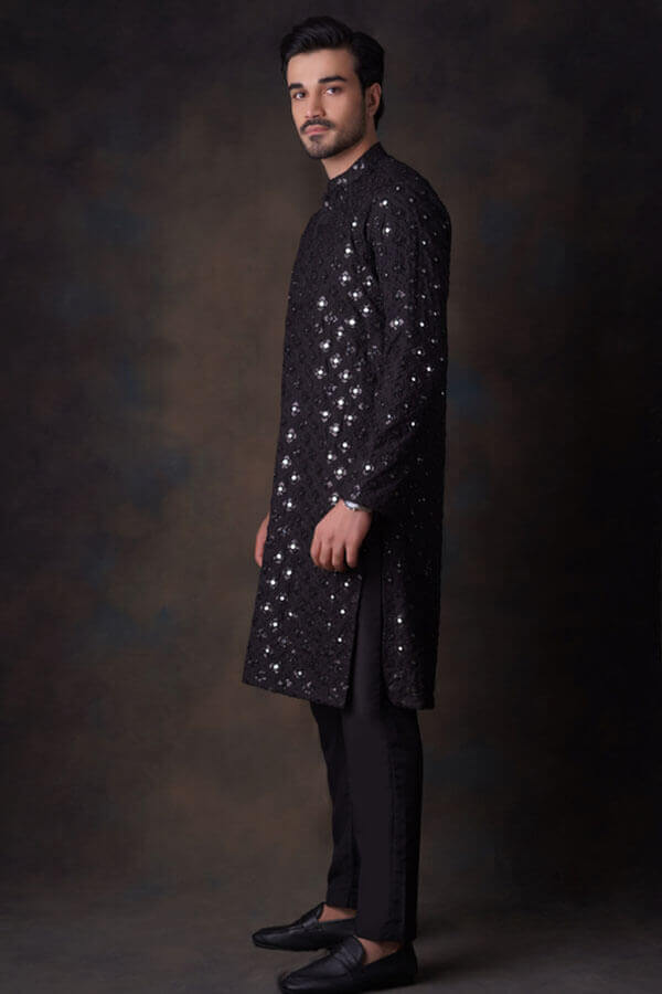Jet Black Mirror Resham Zardozi Kurta Pyjama Set - Traditional Indian Embroidered Ethnic Wear for Men, Wedding & Festival Outfit