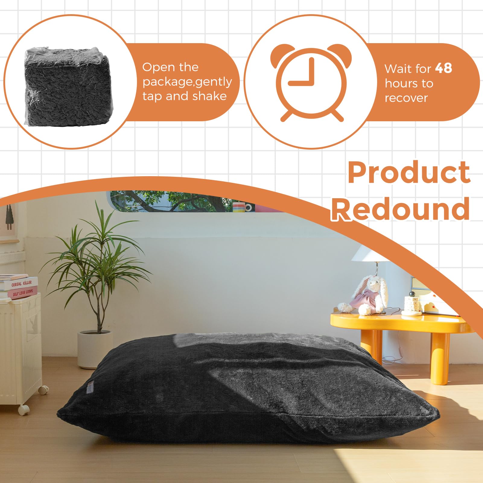 MAXYOYO 3-in-1 Kids Bean Bag Chair Bed - Convertible Faux Fur Floor Sofa for Children's Room, Gaming & Reading - Soft & Comfortable (Black) | Perfect for Playrooms, Bedrooms & Cozy Reading Nooks