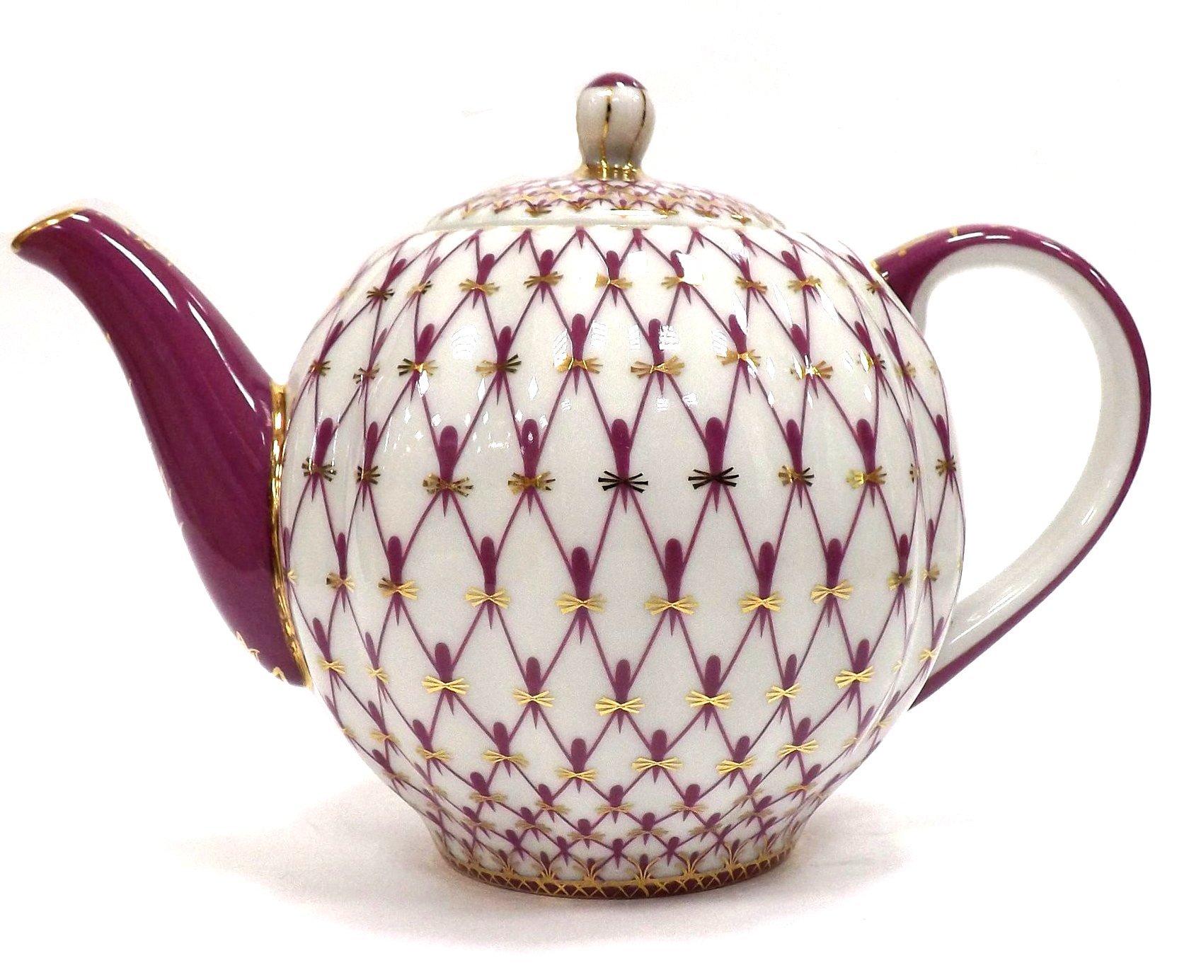 Lomonosov Porcelain Tea Set - 3 Tulip Cups & 20 oz/600 ml Teapot in Red Net Blues Design | Elegant Russian Tea Ceremony & Afternoon Tea Accessories
