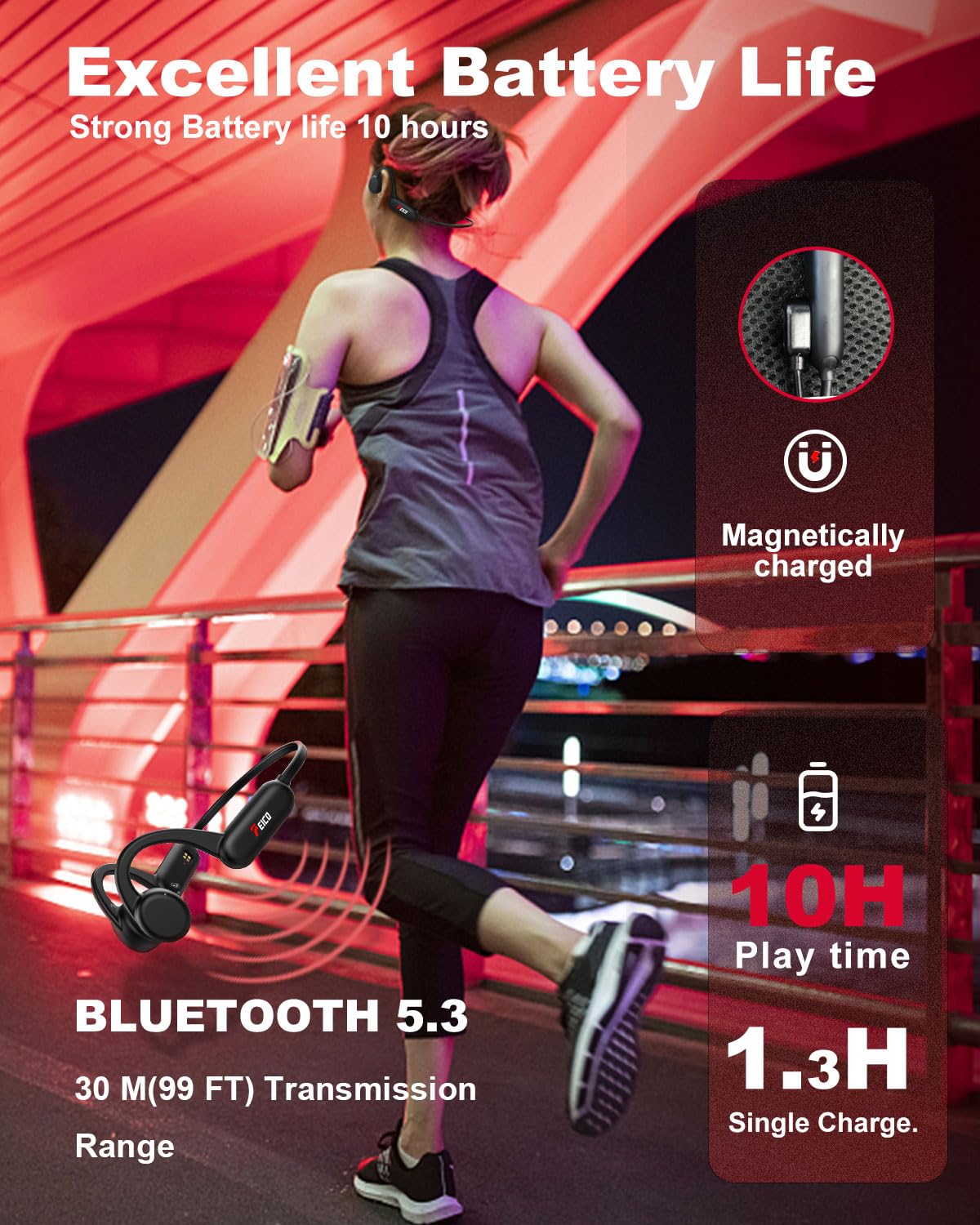 FEICO Bone Conduction Headphones - Bluetooth 5.3 Wireless Open-Ear Headset with Built-in Mic | 32GB MP3 Player & 10H Battery Life | IP68 Waterproof for Running, Cycling, Swimming | Perfect for Gym, Workouts & Outdoor Sports (Black)