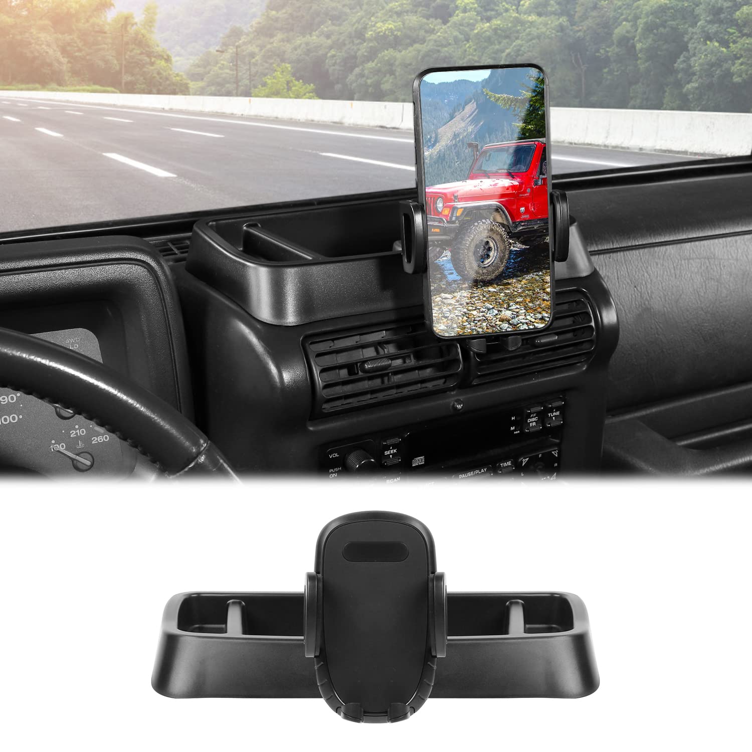Jeep Wrangler TJ 1997-2006 Car Phone Mount Holder with Storage Tray - Universal Dash-Mount Organizer for Smartphones - Perfect Interior Accessory for Off-Road Adventures & Daily Commutes