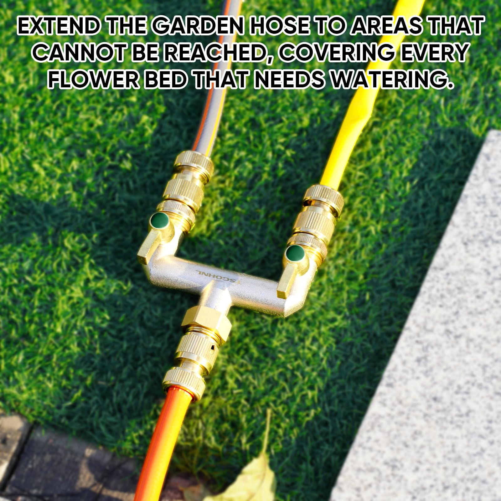 Heavy Duty Brass Garden Hose Splitter - 2-Way Faucet Splitter with Extended Metal Handles, 3/4-Inch GHT Hex Female Inlet & Male Outlet, Nickel Plated - Perfect for Outdoor Watering, Lawn Care & Garden Irrigation