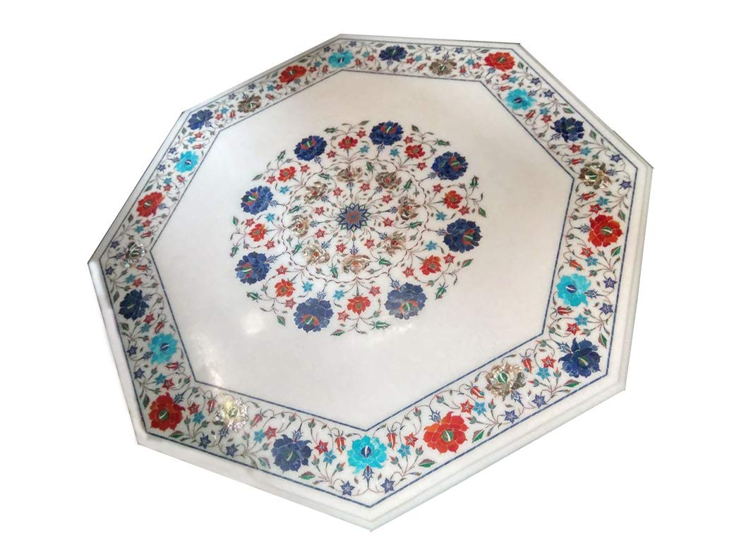 Elegant White Marble Dining Table with Multi-Stone Floral Inlay - Handcrafted Home Decor & Outdoor Garden Table Top - Perfect for Patio, Dining Room, and Luxury Interior Design