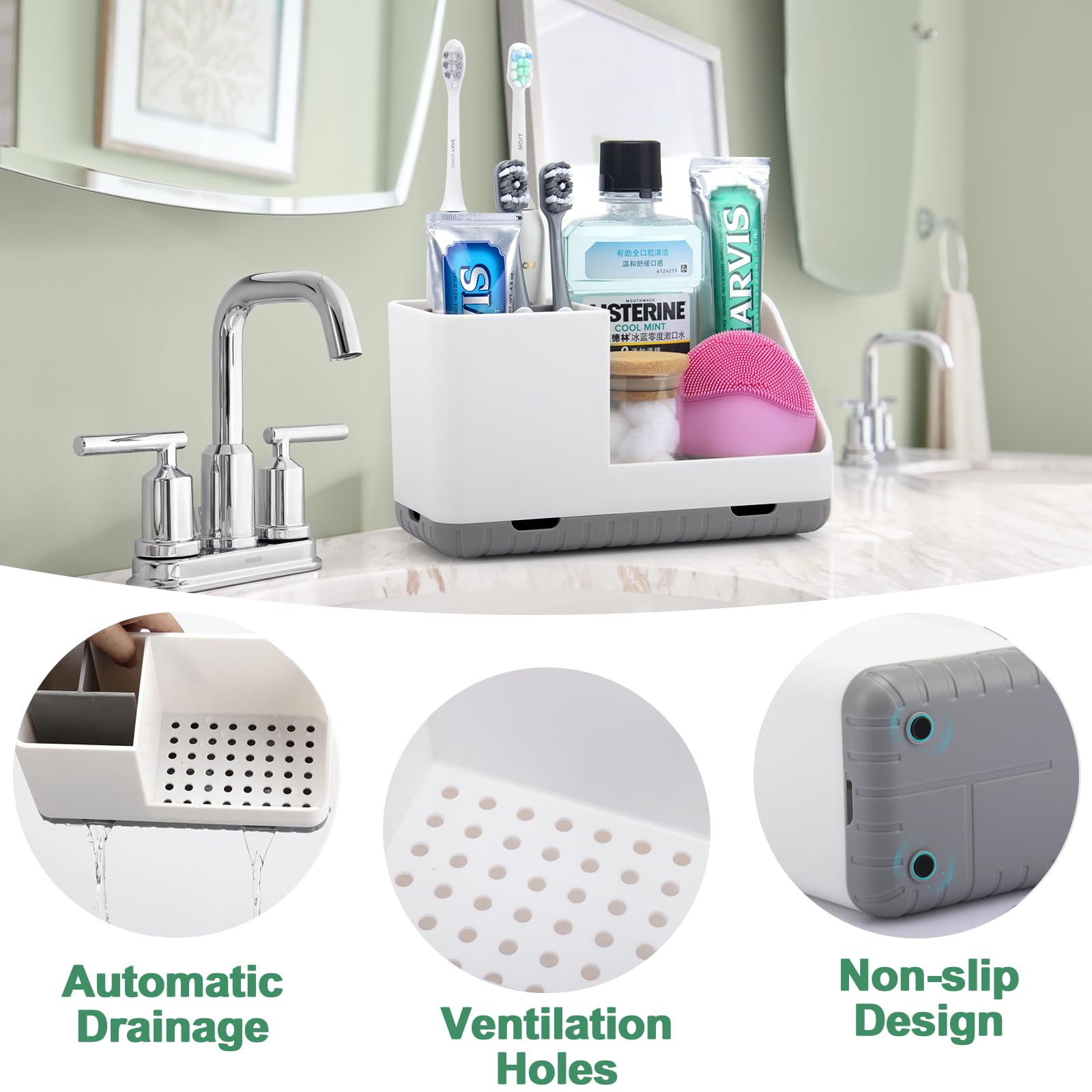 Bathroom Toothbrush Holder with Drainage - Countertop Organizer for Kids Electric Toothbrush & Toothpaste Storage - Grey Sink Organizer for Bathroom Counter, Shower, or Dorm Room