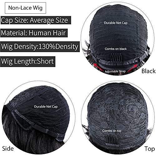 Pixie Cut Short Bob Wig with Bangs - Brazilian Remy Human Hair Ombre Glueless Machine Made Wig for Women - 8 Inch 130% Density - Perfect for Daily Wear, Cosplay & Special Occasions