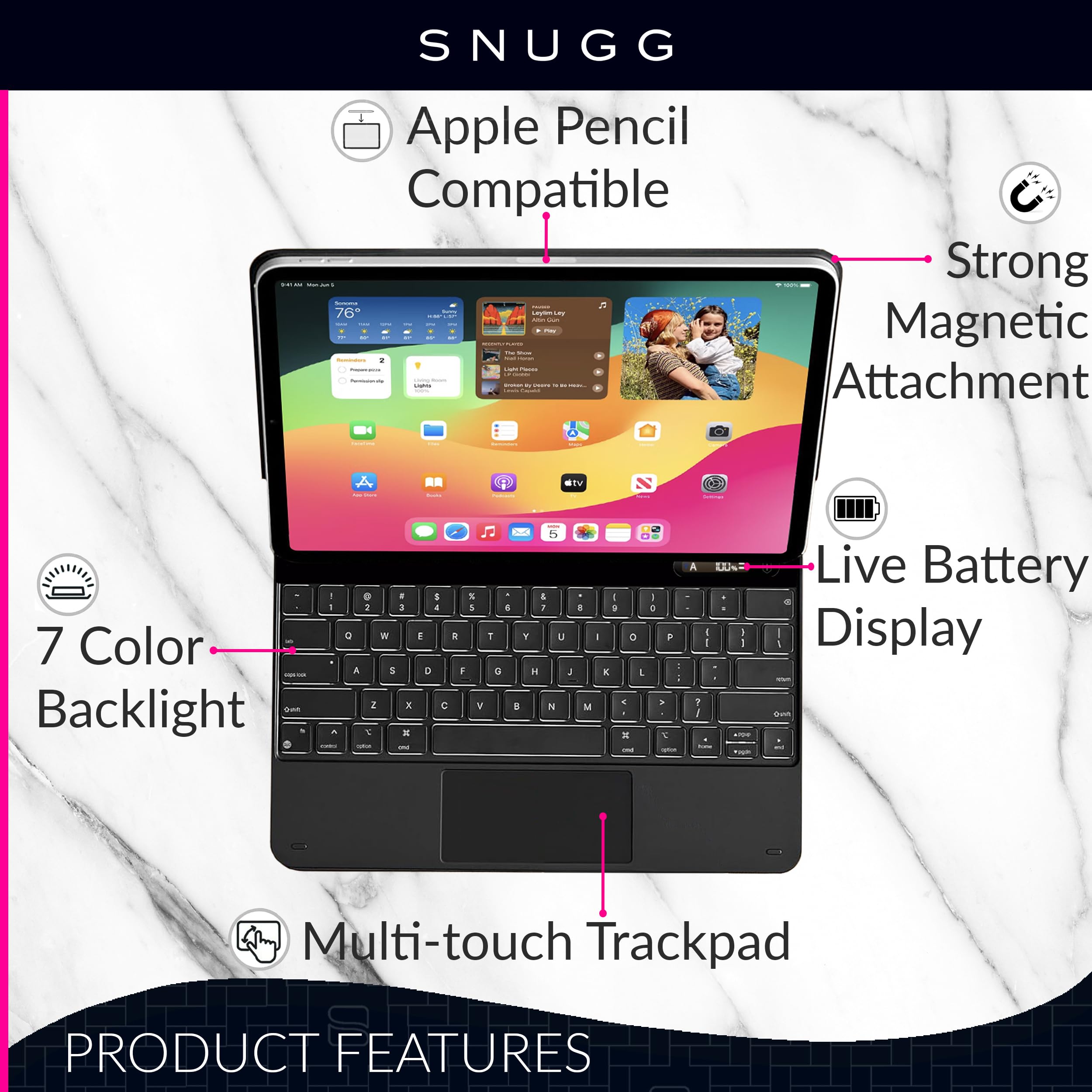 Snugg iPad Pro 13 Case with Backlit Keyboard (2024 M4 Model) - Wireless Bluetooth Keyboard Case with Apple Pencil Holder & Battery Display | Protective Cover for iPad Pro 13-inch | Perfect for Work, Travel & Study (Black)