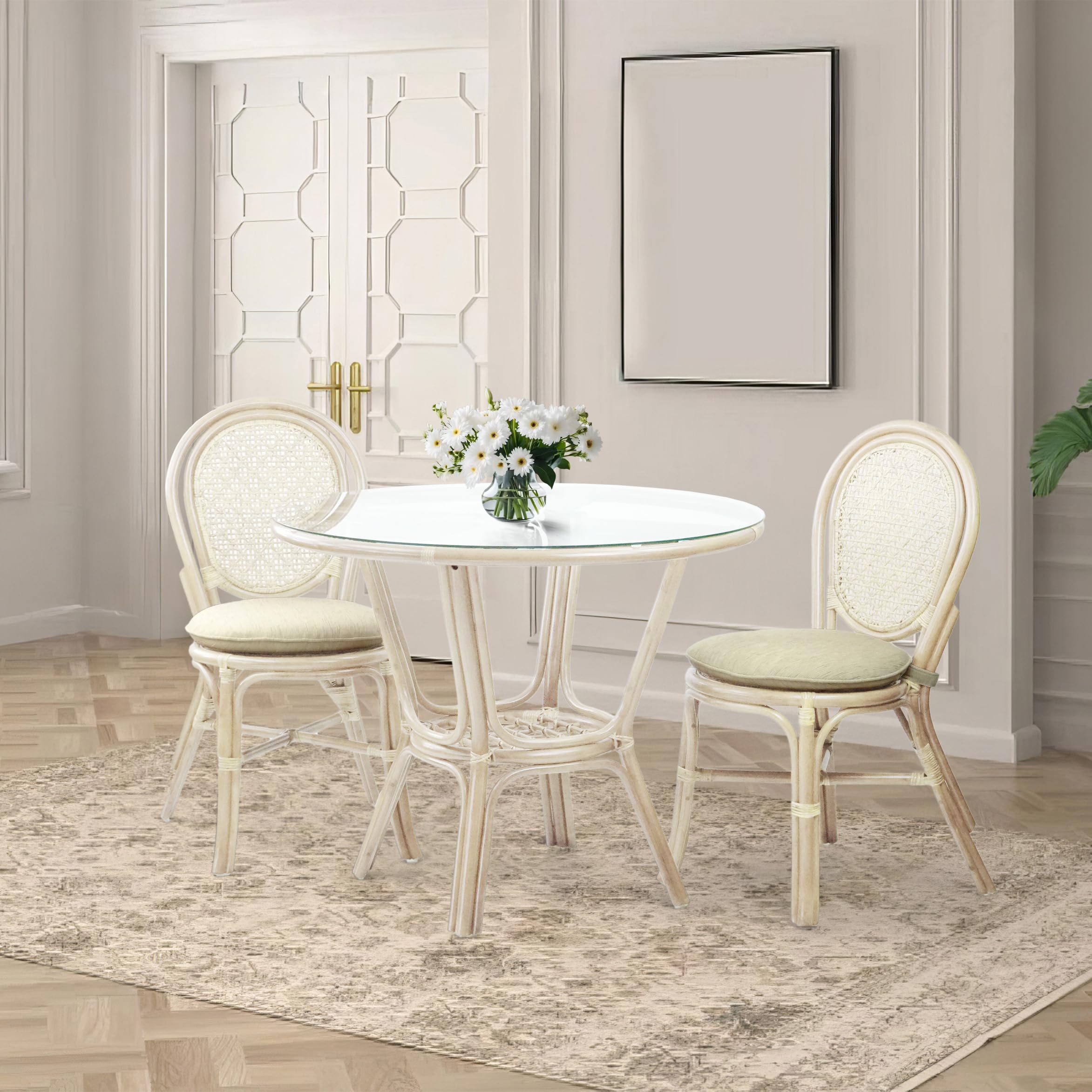 Whitewashed Rattan Wicker Round Dining Table with Tempered Glass Top - Natural Boho Style for Patio, Garden, or Indoor Dining Room Decor