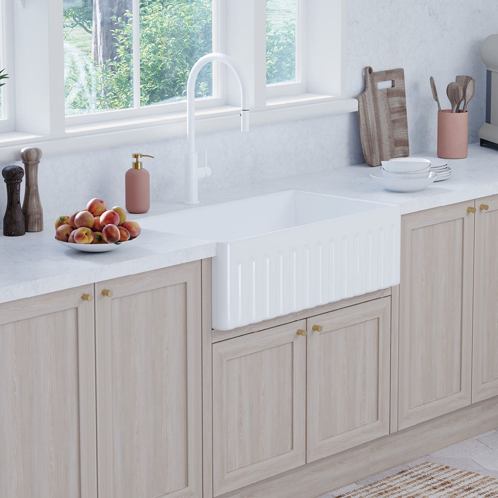 Fienza 68706 Olivia Large Single Butler Sink 33x18x10 Inches, White - Farmhouse Kitchen Sink for Modern & Traditional Homes