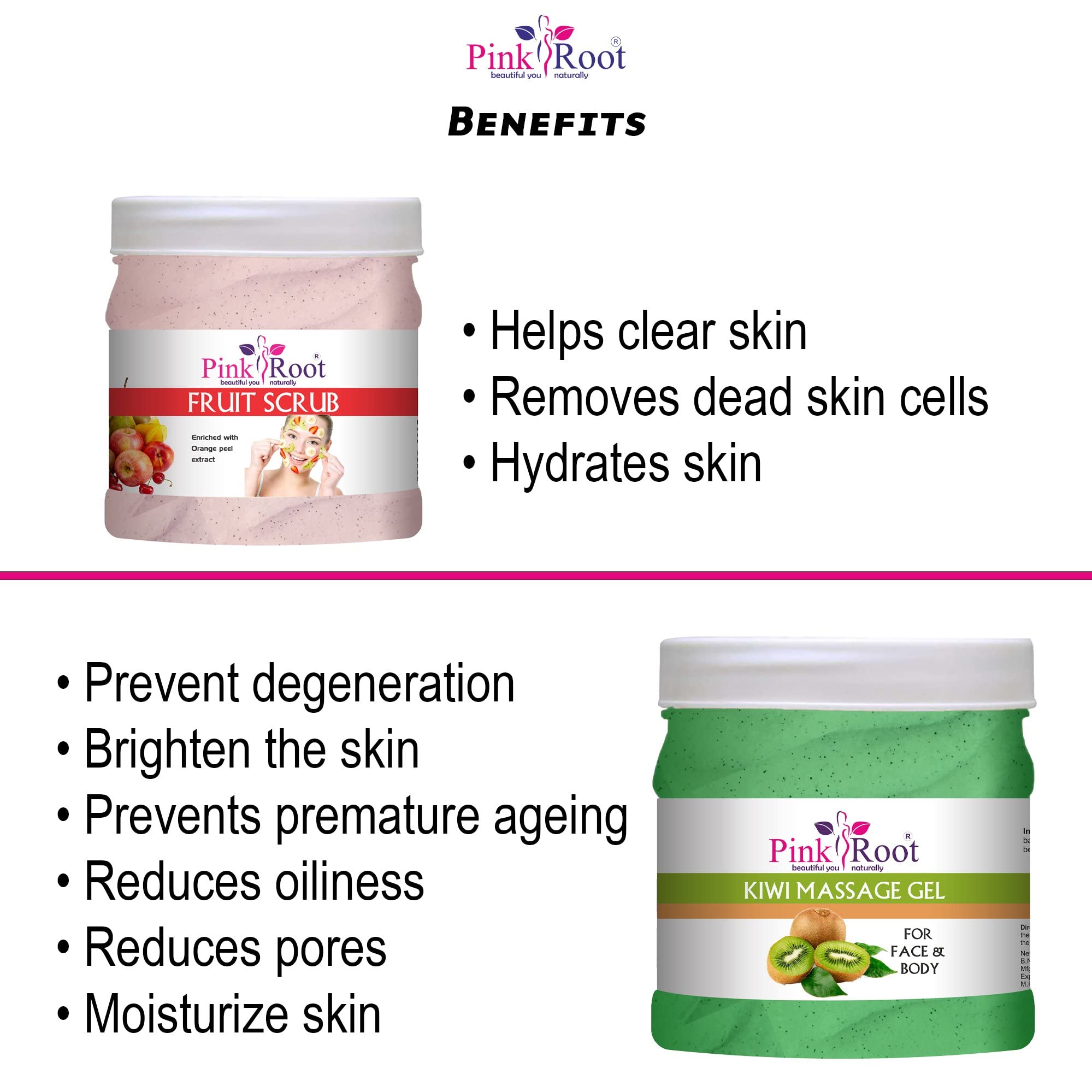 Pink Root Kiwi Massage Gel & Exfoliating Fruit Scrub Set - 500ml Each - Natural Skincare for Body & Face - Perfect for Spa, Relaxation & At-Home Self Care