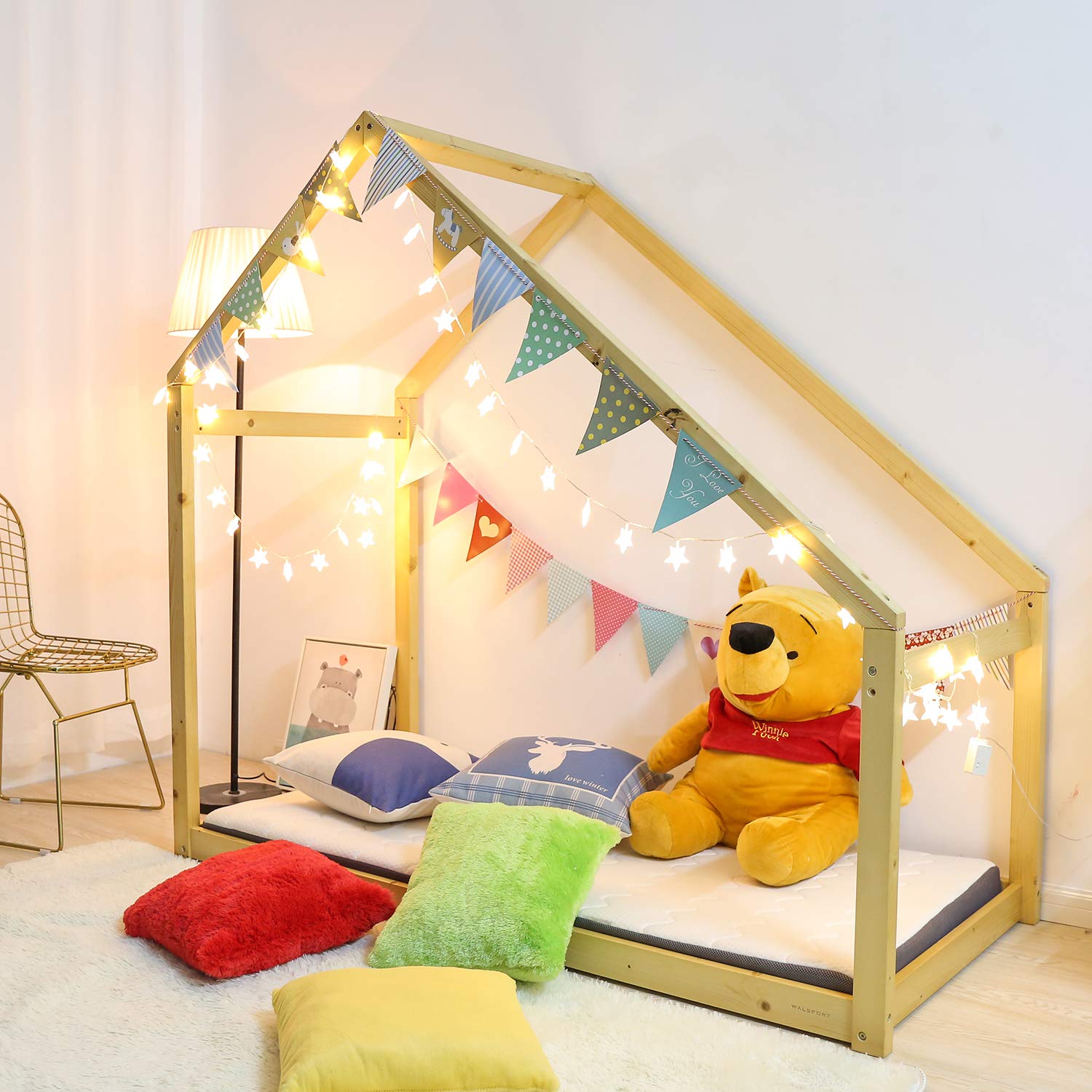 Walsport Kids Wooden Bed Frame with Mattress - Toddler Bed, Children's Tent Bedroom Furniture - Perfect for Nursery, Playroom & Sleepovers