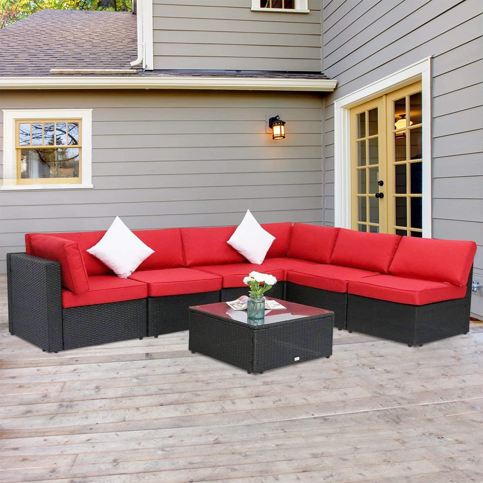 7-Piece Outdoor Patio Furniture Set - PE Rattan Wicker Sectional Sofa with Coffee Table & 2 Pillows - Durable Garden, Poolside Conversation Set (Red Cushion) - Perfect for Backyard Relaxation & Outdoor Entertaining