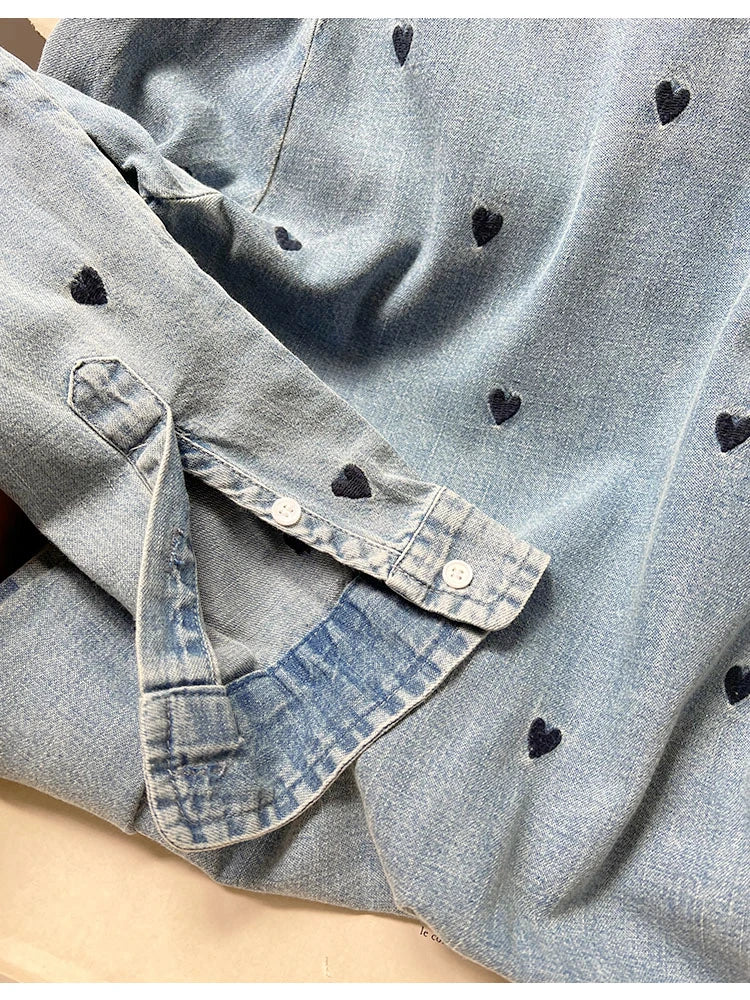 Women's Heart Embroidery Denim Shirt - Turn Down Collar Long Sleeve Blouse for Valentine's Day Gifts | Casual Wear, Date Night Outfit, Romantic Occasion Fashion