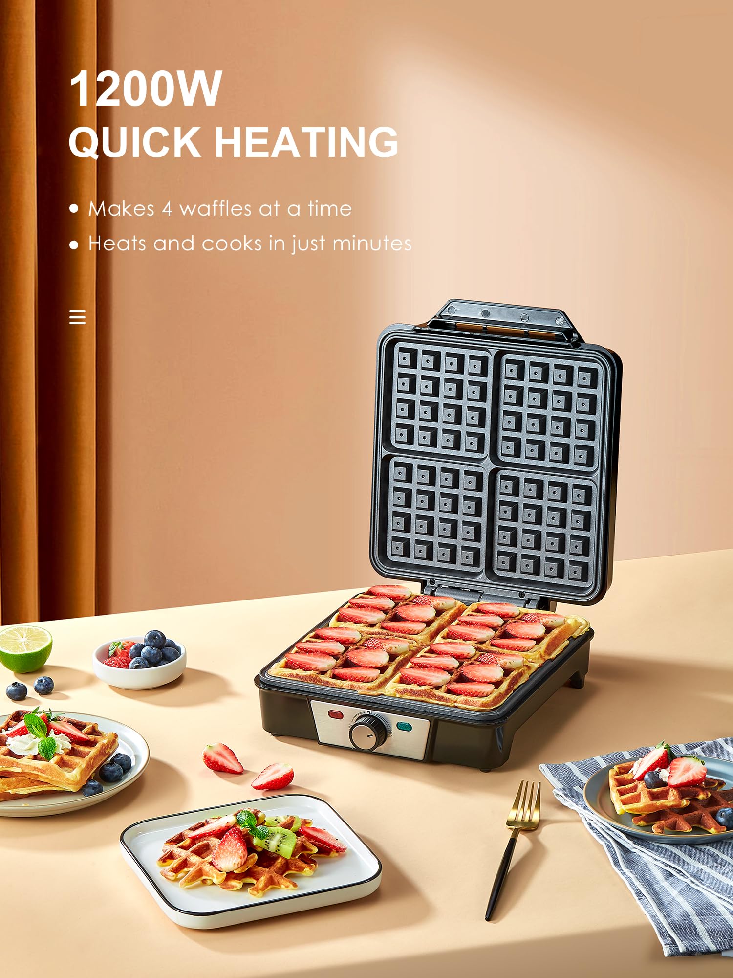 Premium Belgian Waffle Maker 4-Slice 1200W - Adjustable Browning Control, Non-Stick Plates, Anti-Overflow Design with Indicator Lights (Silver/Black) - Perfect for Breakfast, Brunch, and Family Gatherings