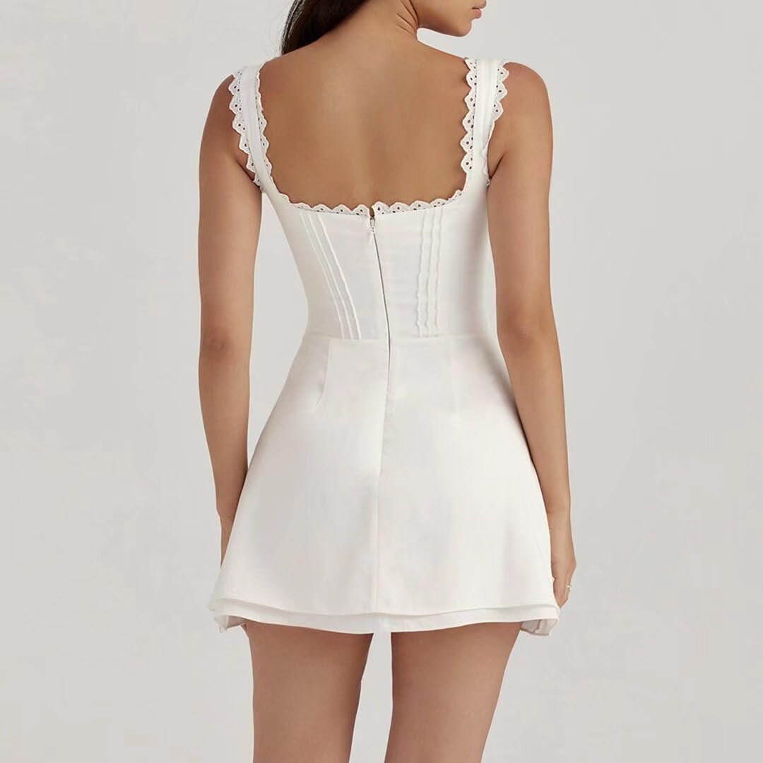 Sexy Women's Summer Mini Dress - V Neck Spaghetti Strap Sleeveless Lace Trim Backless Party Club Dress | Perfect for Night Out, Beach Vacation & Date Night