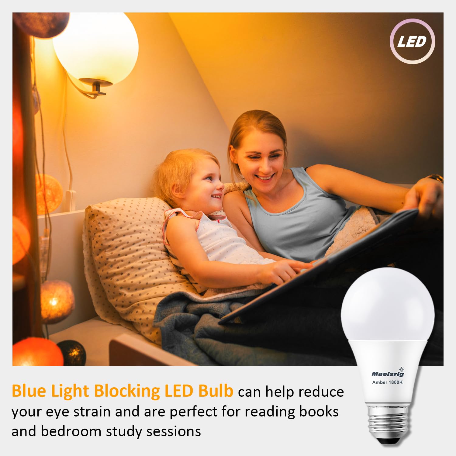 9W (60W Equivalent) A19 Warm Sleep Light Bulb - 1800K Amber Dimmable LED Bulb with E26 Base - Soft Yellow Light 800 Lumen 120V (4-Pack) - Perfect for Bedrooms, Nurseries & Relaxation Spaces