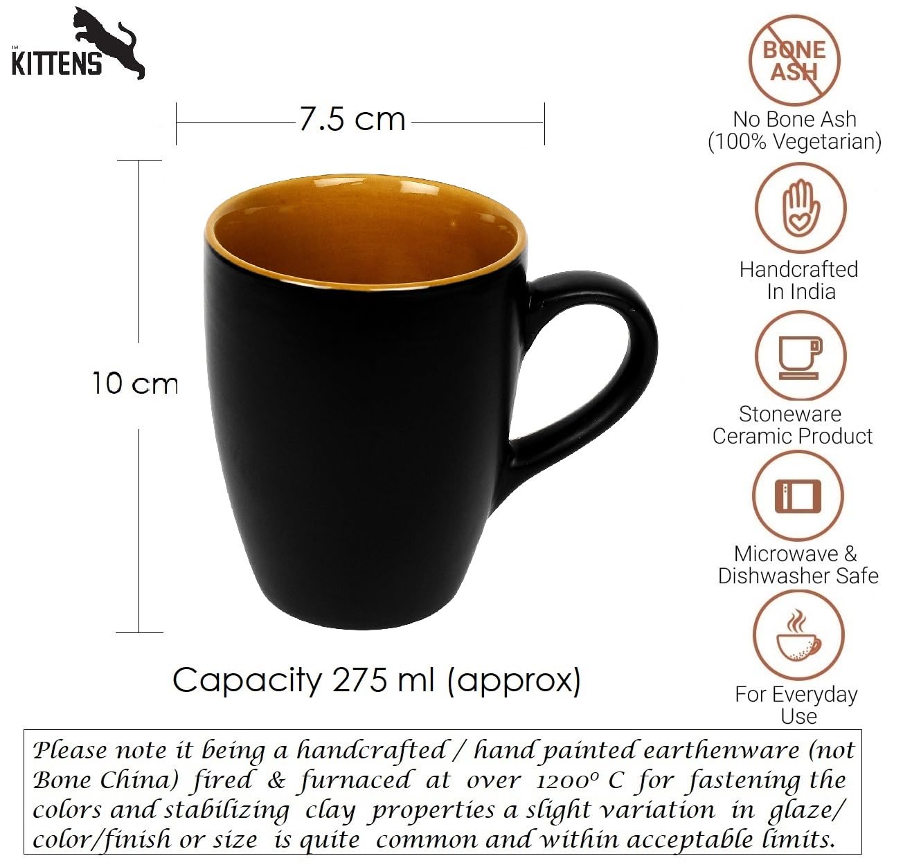 Premium Ceramic Coffee Mugs Set of 6 - 275ml Black Matte Finish - Microwave & Dishwasher Safe - Food Grade - Perfect for Home, Office or Gift Giving