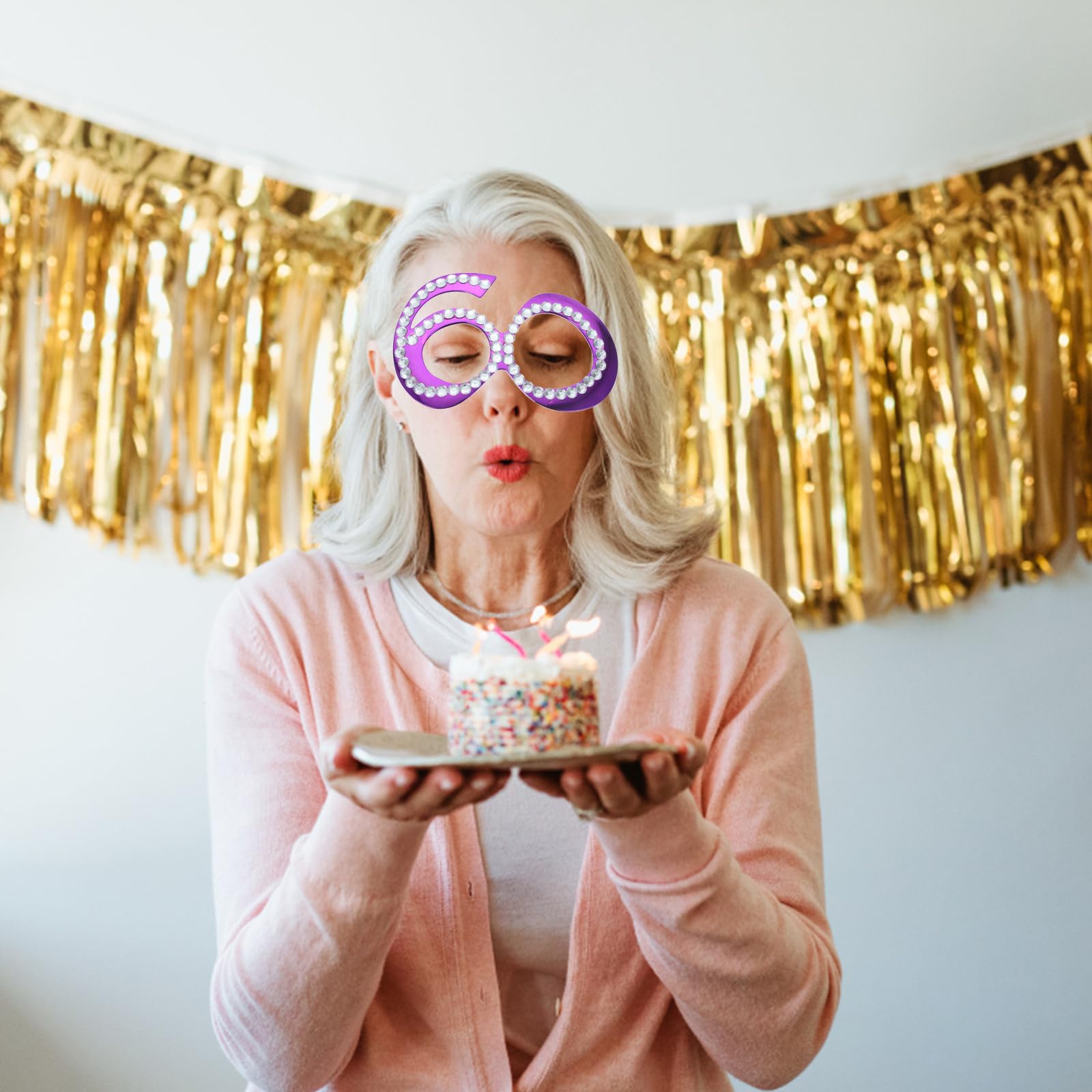 1 Pair Rose Gold & Purple Birthday Glasses - Fun 60th Birthday Party Supplies, Eyewear Props with Name Tag for Women & Men - Perfect for Birthday Photos, Celebrations & Costume Parties