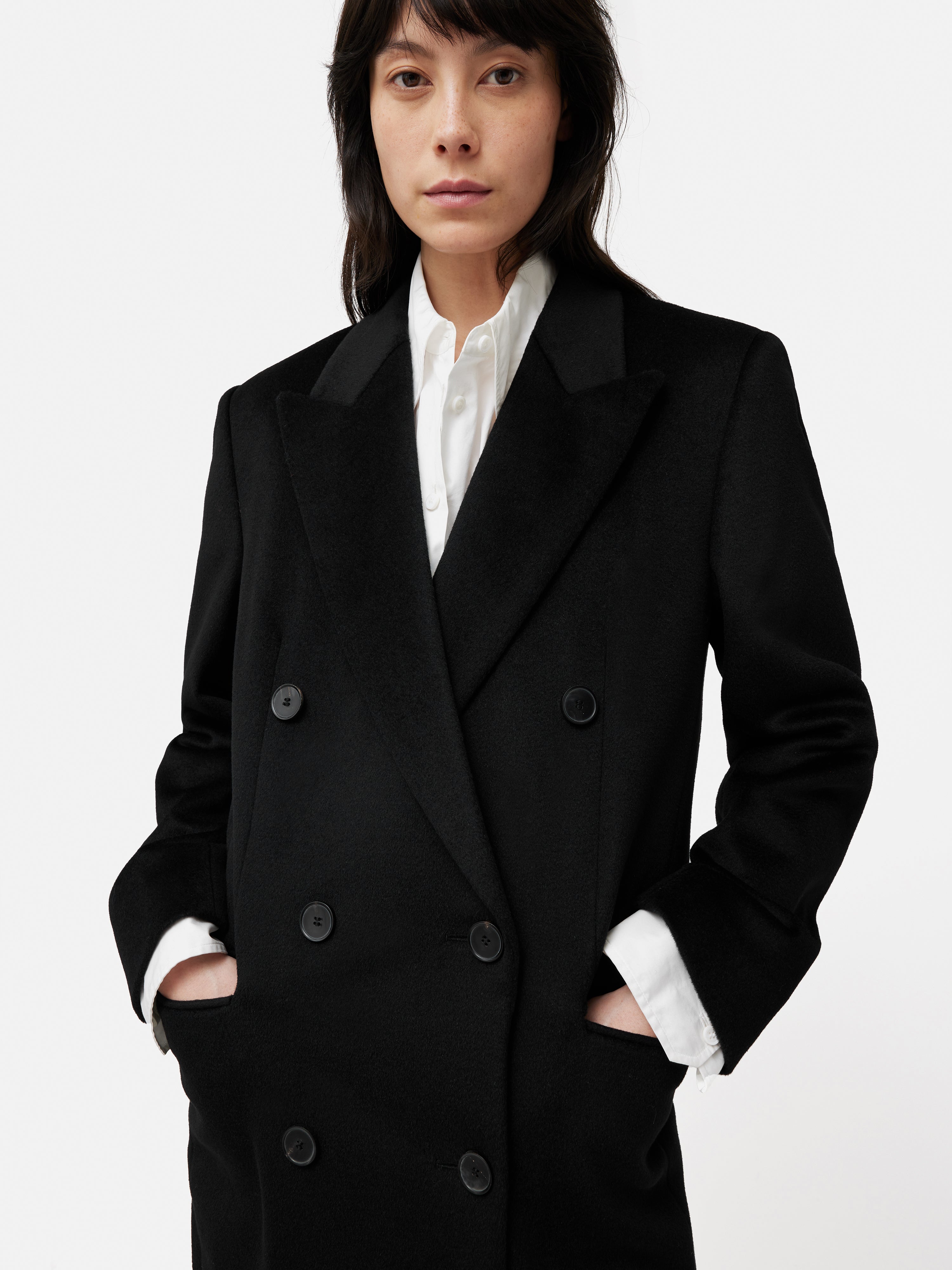 Double Breasted Wool Maxi Coat for Women - Warm Winter Long Trench Coat with Belt, Black | Elegant Office Wear & Formal Outerwear