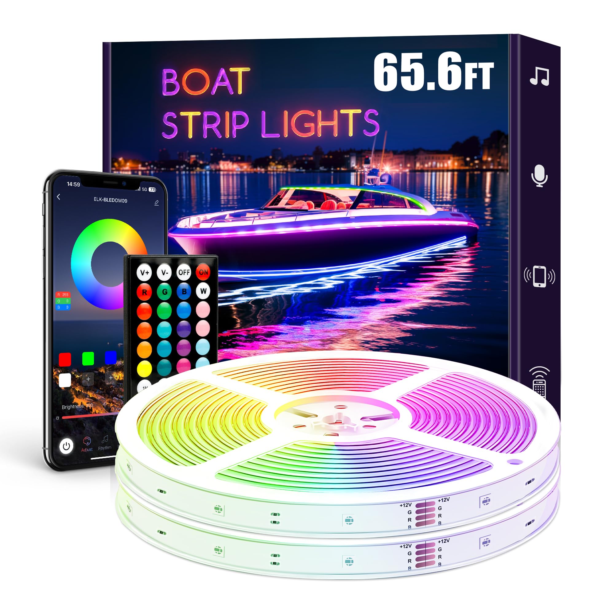 Smart LED Boat Strip Lights 65.6ft RGB IP68 Waterproof - for Marine Interior & Night Fishing