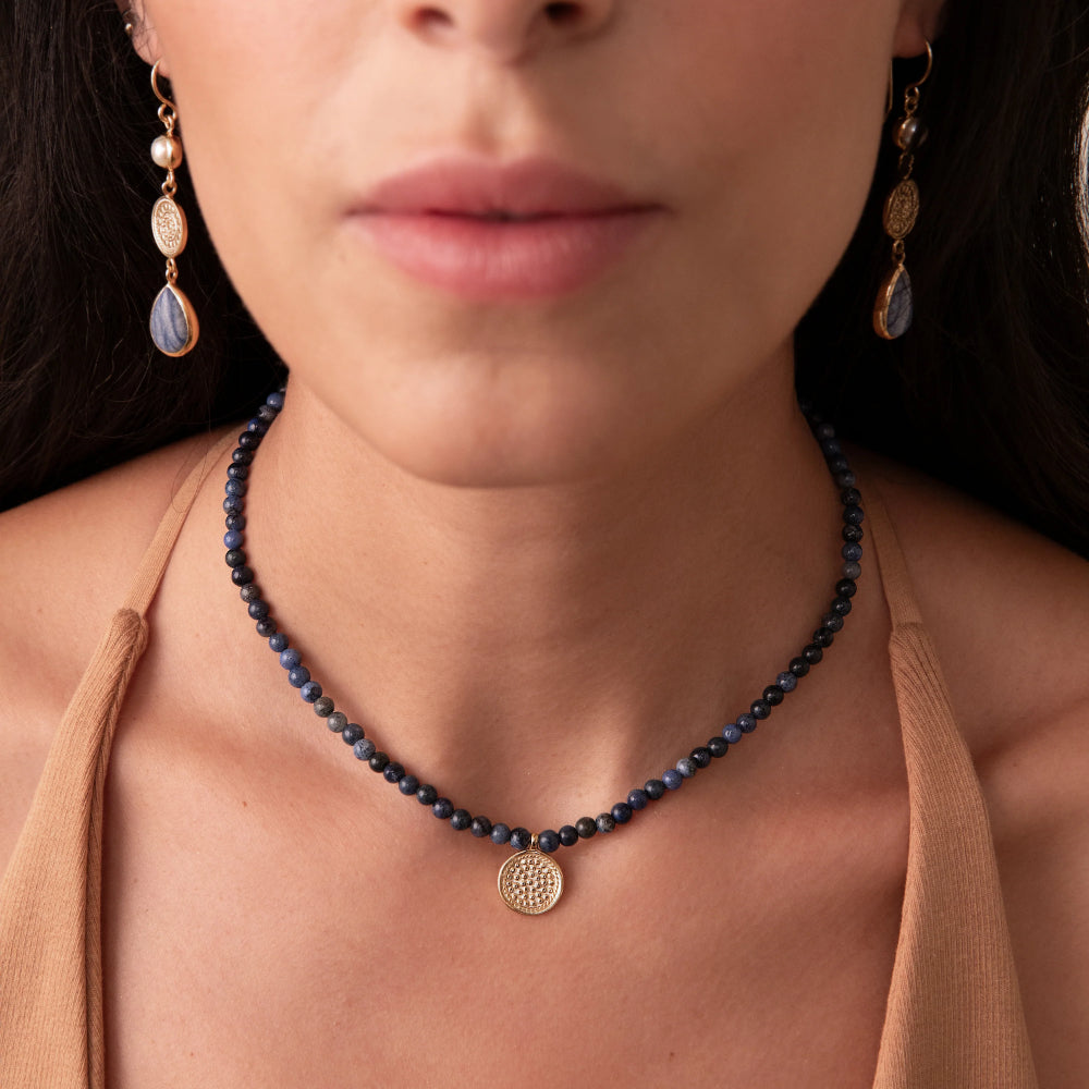 Anna Beck Medium Beaded Dumortierite Circle Pendant Necklace - Elegant Blue Stone Jewelry for Women, Gift for Her, Perfect for Casual Wear & Special Occasions