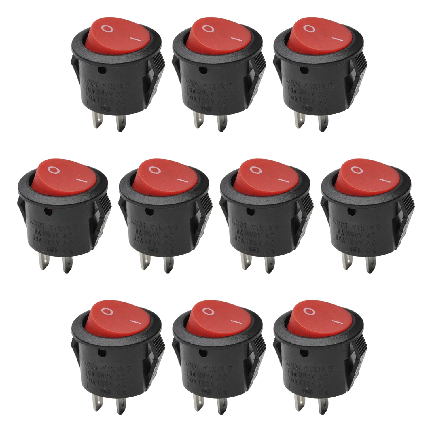 Fielect 10Pcs SPST 2 Position On/Off Round Rocker Switch - 125V/10A 250V/6A Toggle Switch with 2 Terminals (Red) - Perfect for Boats, RVs, Marine & Automotive Electrical Systems