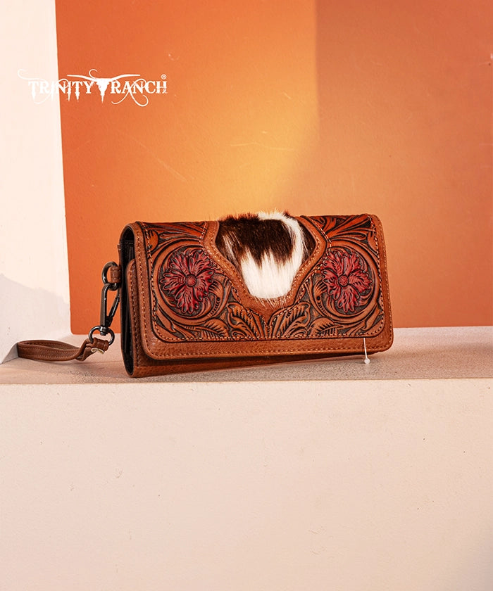 Trinity Ranch Floral Tooled Hair-On Cowhide Leather Wallet for Men & Women - Stylish Western Bifold Wallet for Everyday Use, Travel & Gifts