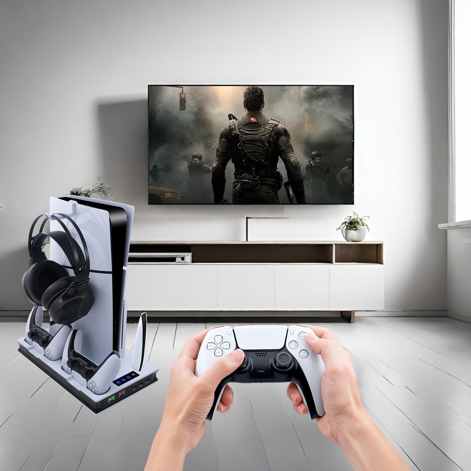 Mcbazel PS5 Cooling & Charging Stand with Adjustable 3-Speed LED Fan, Magnetic Dual Controller Charger - Compatible with PS5, PS5 Slim, PS5 Pro, PlayStation 5 Digital Edition - Perfect for Gaming Setup & Entertainment Center
