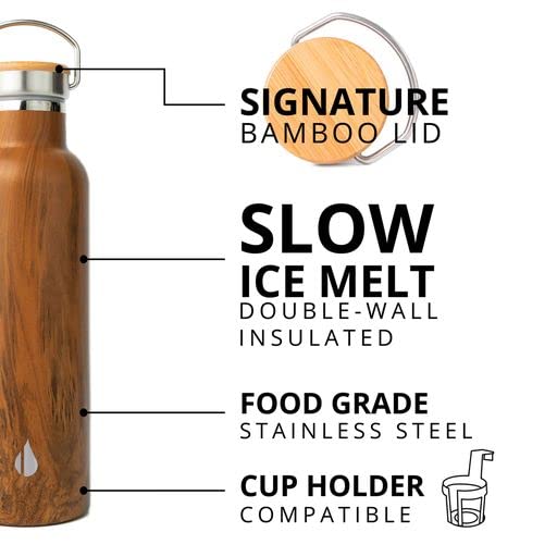 Elemental Classic 25oz Stainless Steel Water Bottle - Double Wall Insulated, Leak Proof Thermos with Bamboo Lid & Teak Wood Finish - Perfect for Travel, Gym, Sports, Hiking & Everyday Hydration