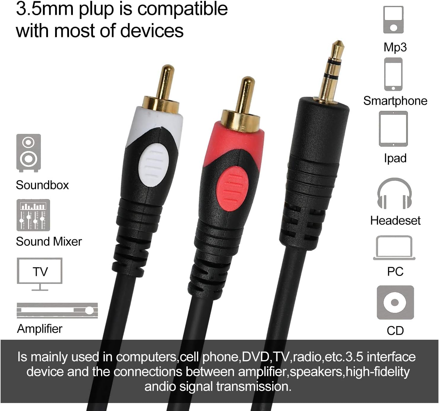 HITORE 3.5mm to RCA Audio Cable - Gold Plated Aux to RCA Adapter Cord (1.5m, Black) for Smartphone, Tablet, Speaker, MP3, TV, iPad, PC, Amplifier, Headphones - Perfect for Home Theater, Car Audio & DJ Equipment Connection