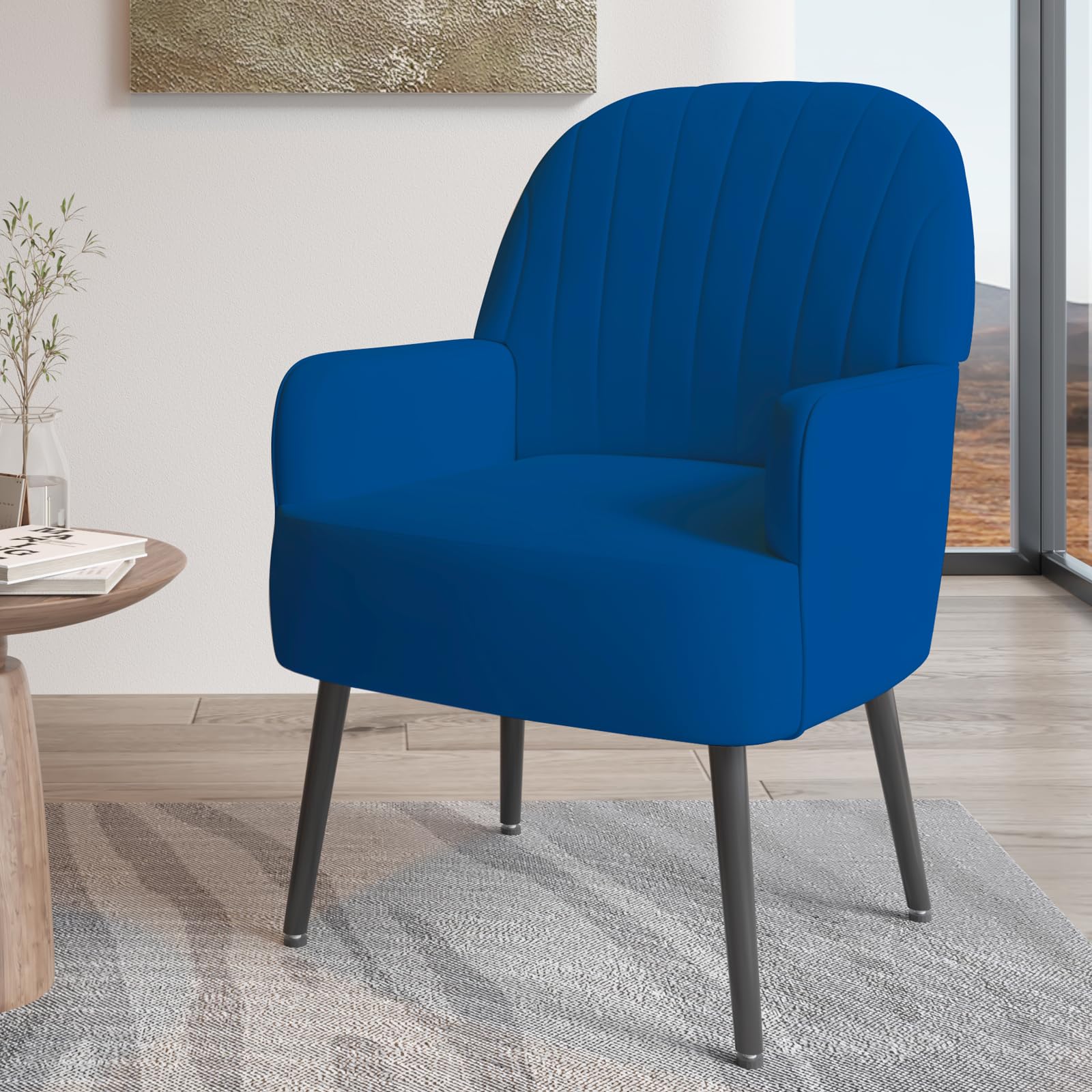 Luxury Modern Velvet Accent Chair - Comfy Upholstered Single Sofa with Armrests & High Back Support - Elegant Barrel Armchair with Sturdy Metal Legs for Living Room, Bedroom, Office & Vanity (Blue) - Perfect for Relaxing, Reading & Home Decor