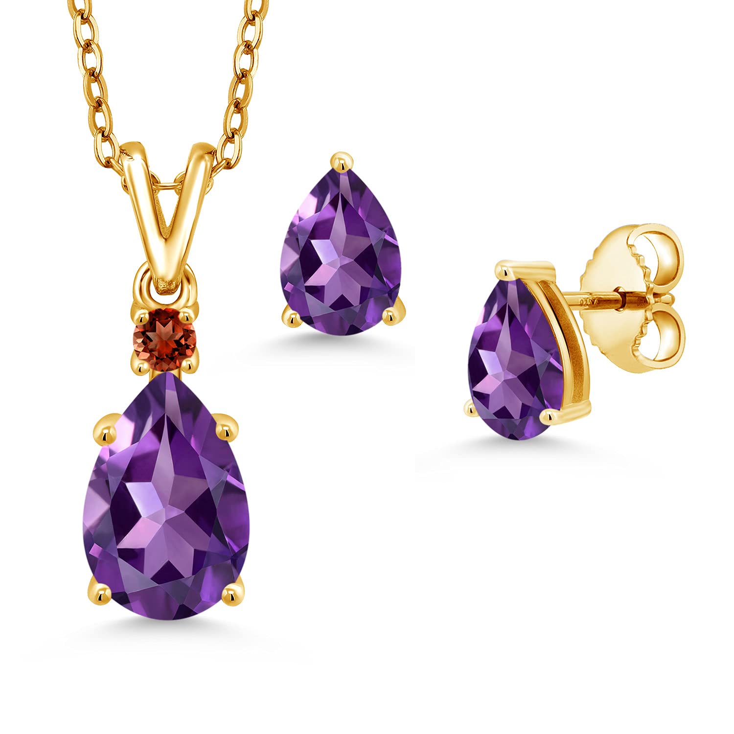 18K Gold Plated Silver Amethyst & Garnet Pendant Earrings Set for Women - February Birthstone Jewelry (3.08 Cttw, Pear Cut 10x7mm & 7x5mm, 18