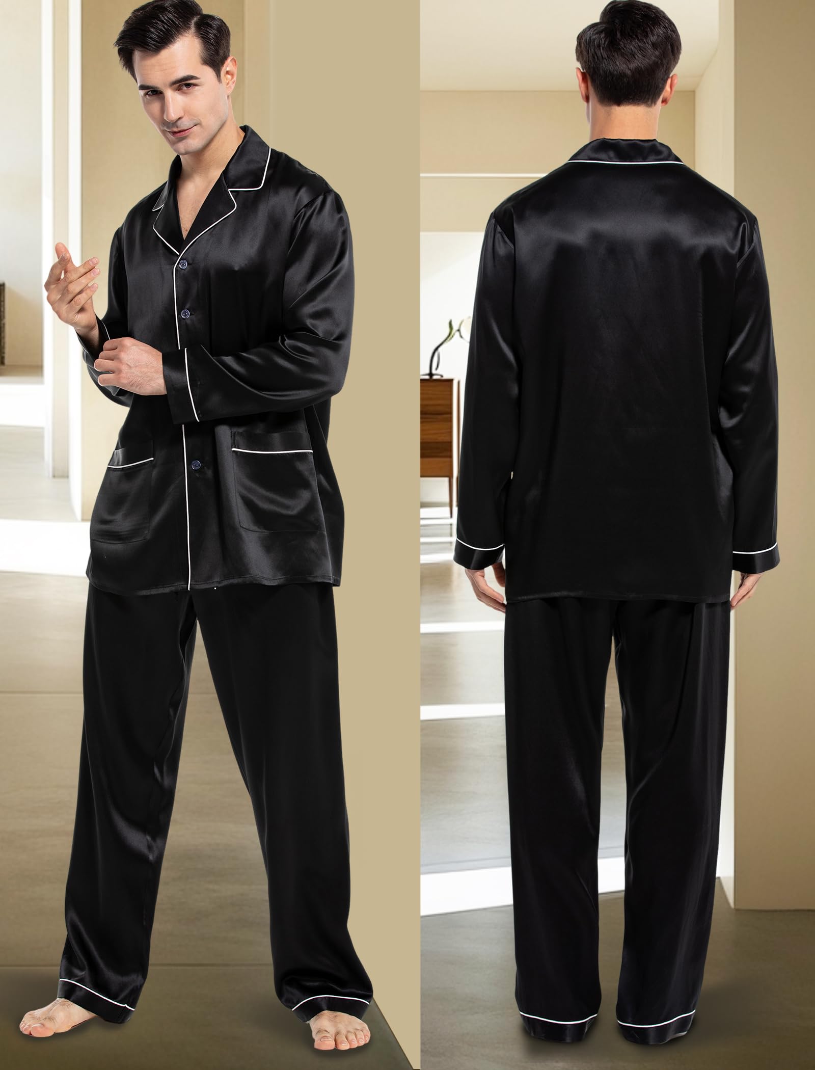 Luxury COLD POSH Men's Silk Pajama Set - 100% Pure Silk Long Sleeve Button Down Sleepwear for Men - Perfect for Relaxation, Lounging & Gift Giving