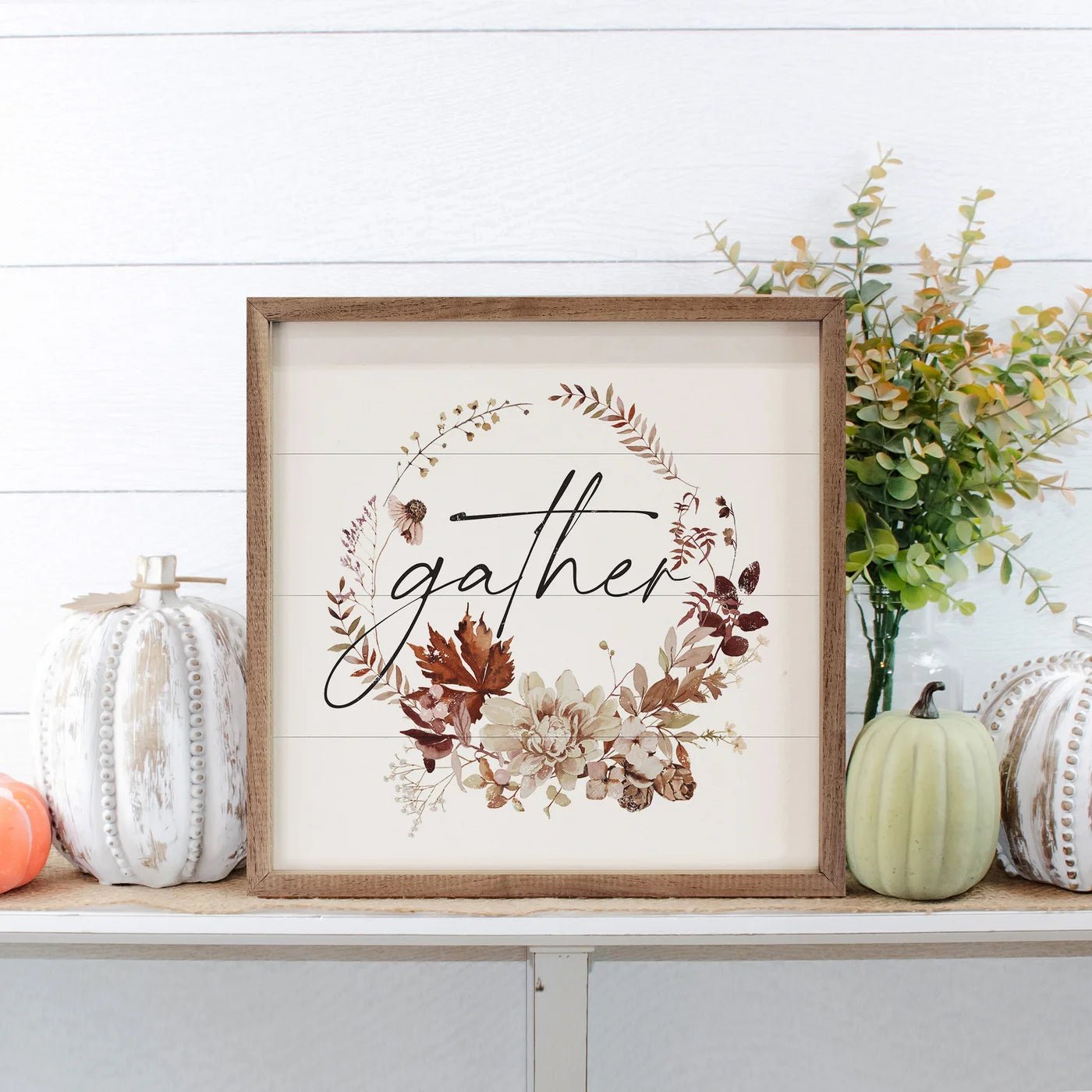 Autumn Gather Wreath Wood Framed Print - Fall Home Decor for Front Door, Living Room & Thanksgiving | Rustic Farmhouse Wall Art