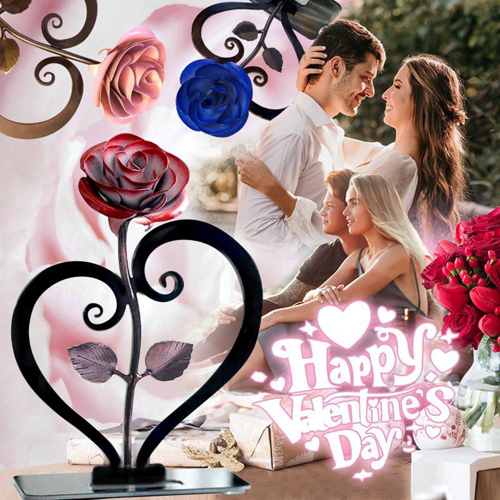 Hand-Forged Wrought Iron Red Metal Rose with Heart-Shaped Stand - Artificial Flower Gift for Valentine's Day, Mother's Day, Anniversary, Birthday & Wedding - Perfect for Home Decor, Romantic Surprises and Special Occasion Gifts
