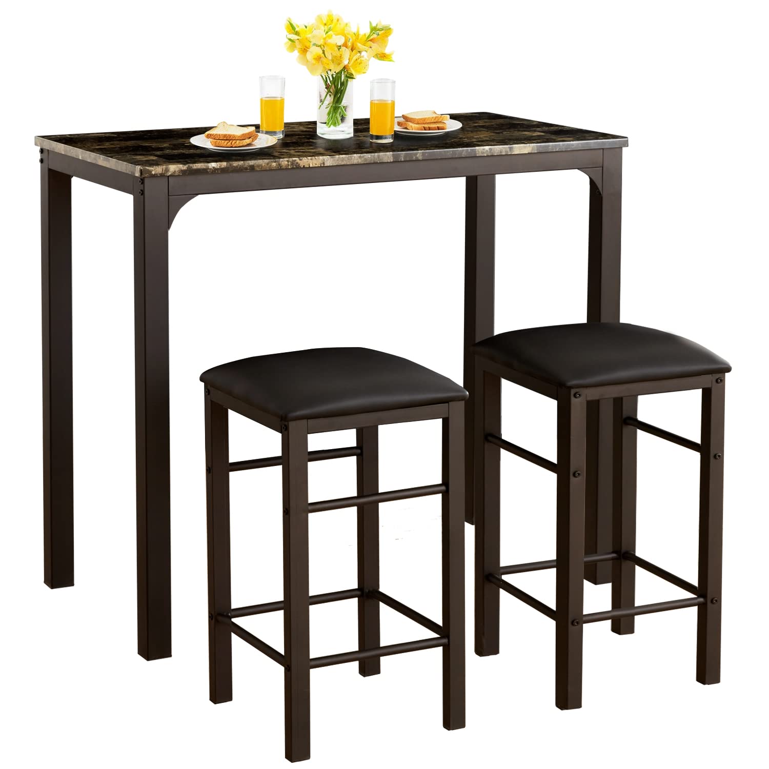 VECELO 3-Piece Retro Black Bar Table Stools Set - Rectangular Kitchen Height Pub Table with Stools for Dining, Living Room, Party & Bistro - Perfect for Small Spaces, Breakfast Nook & Entertaining Guests