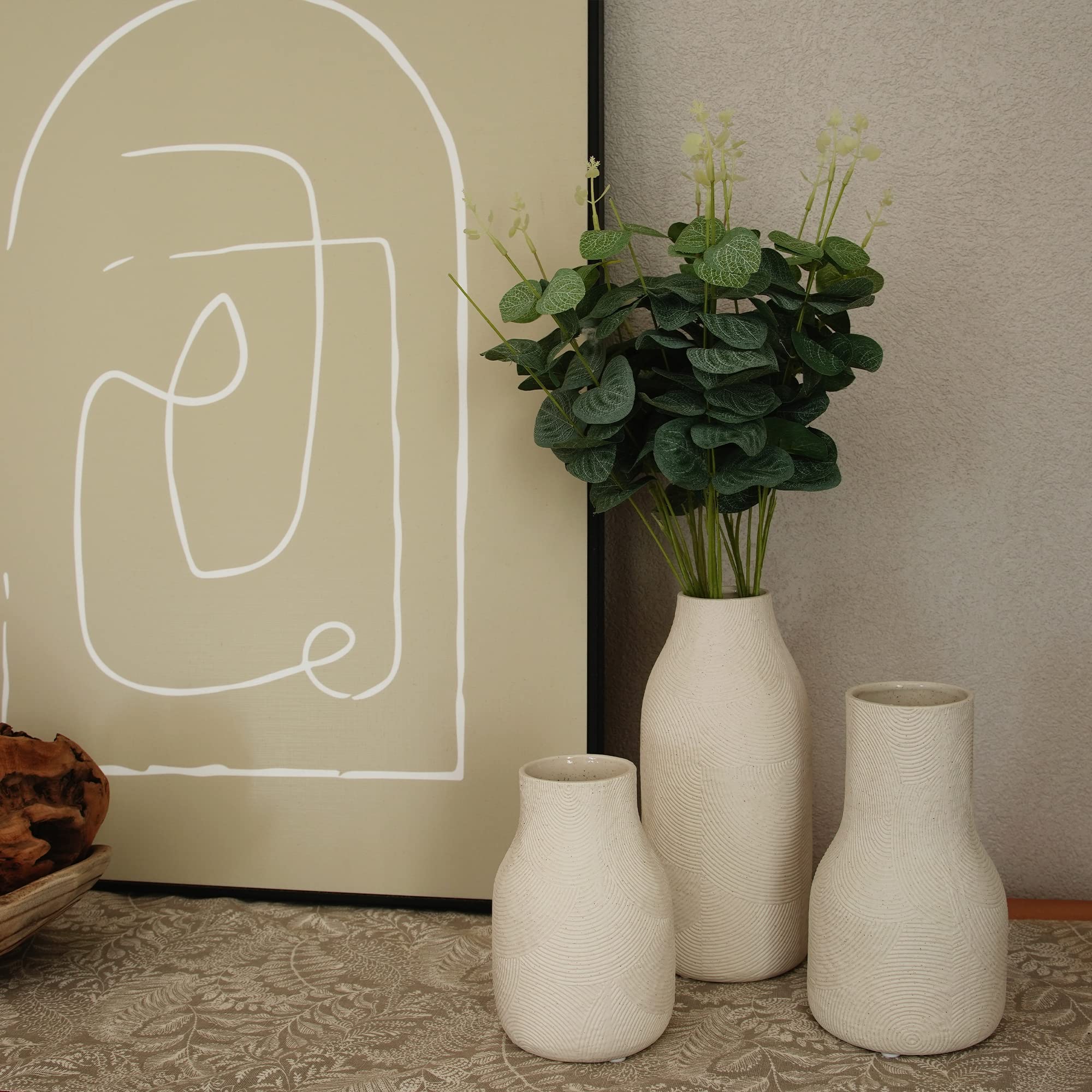 Matte White Ceramic Vase Set of 3 - Textured Home Decor Vases for Flowers, Pampas Grass, and Centerpieces | Boho Chic Living Room, Office & Table Decor | Perfect for Wedding, Housewarming & Interior Design