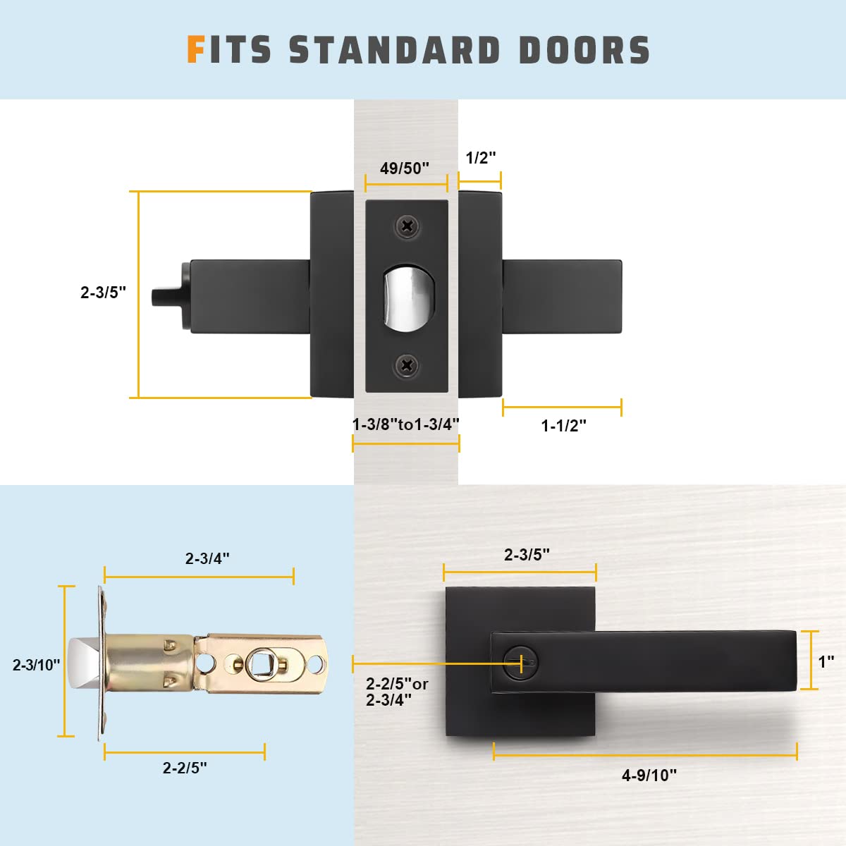 Black Door Knob Handles 4-Pack with Lock - Right/Left Use for Bathroom & Bedroom