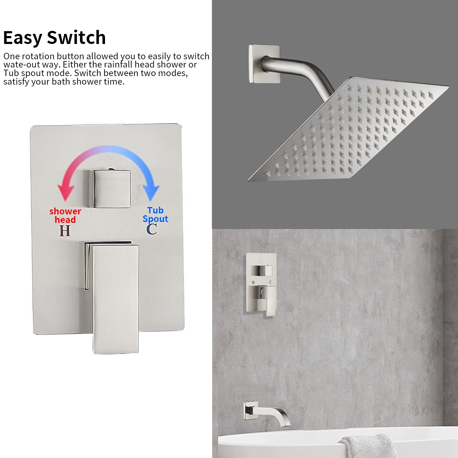 GGStudy Brushed Nickel Shower Trim Kit with Rough-in Valve - 8 Inch Square Stainless Steel Rainfall Shower Head & Tub Faucet System - Dual Function Bathroom Set for Modern Home Spa Experience