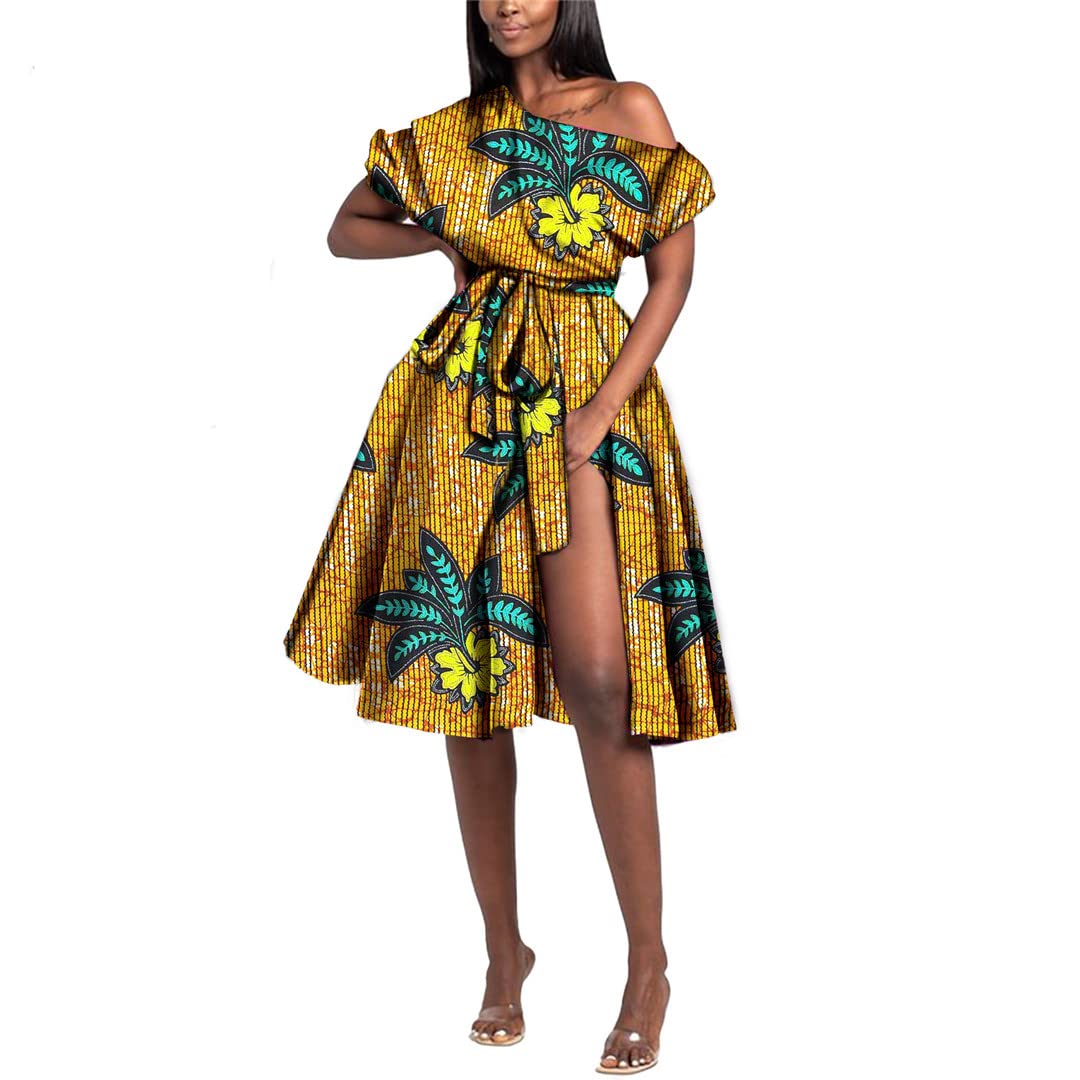 **African Print Off Shoulder Party Dress for Women - High Waist Plus Size Belted Outfit 713 XL | Elegant & Comfortable for Weddings, Festivals & Special Occasions**