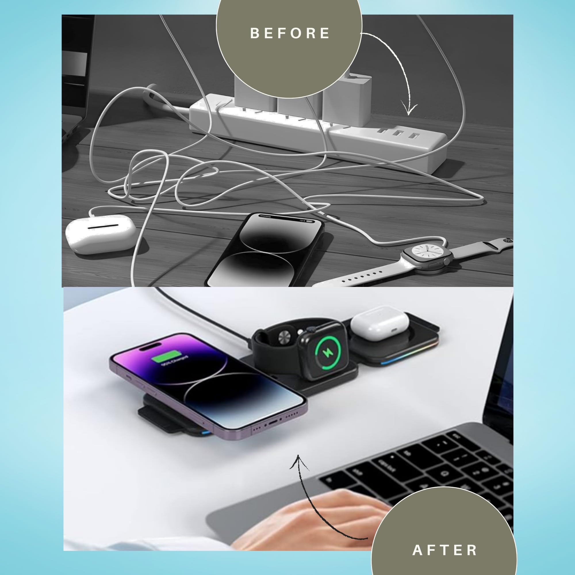3-in-1 Wireless Charger for iPhone AirPods Watch | Portable Qi Charging Station | Office & Bedside Use