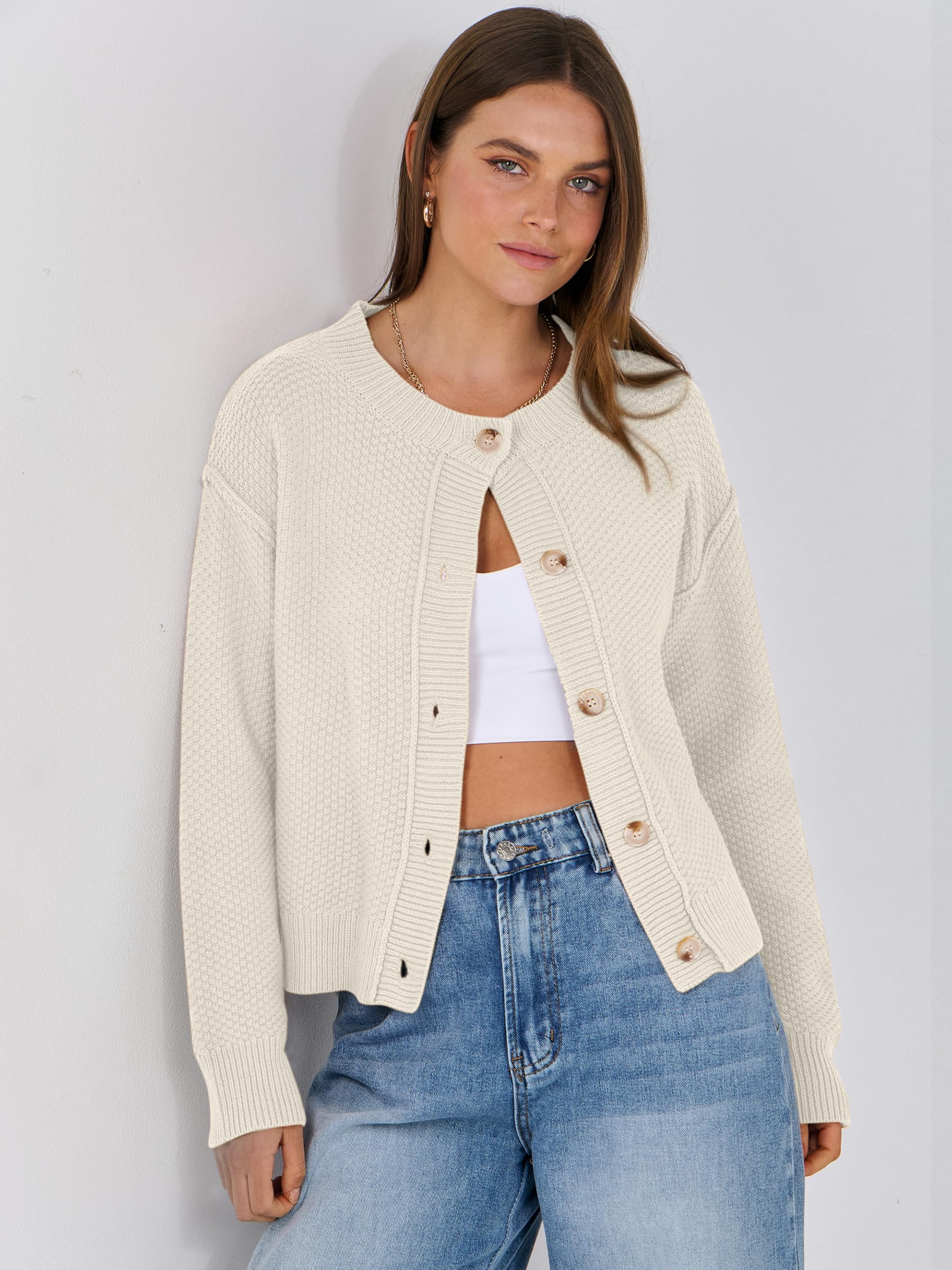 ANRABESS Women's Lightweight Cropped Cardigan Sweater - 2024 Fall Winter Knit Waffle Button Up Jacket Coat for Women | Casual Office Wear, Layering Piece, Cold Weather Fashion
