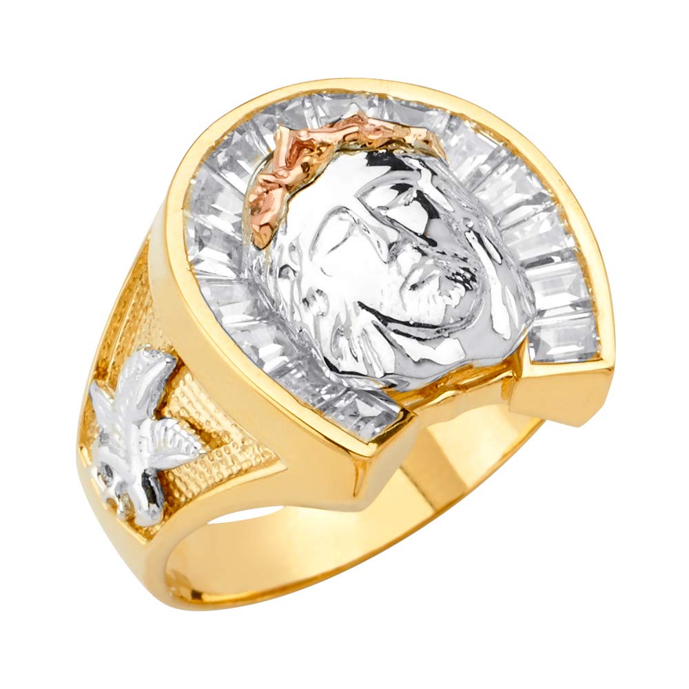 14K Tri-Color Gold Horseshoe Men's Cubic Zirconia Ring - White Jesus Cross Design for Men | Stylish Religious Jewelry Gift for Birthday, Anniversary & Faith-Based Occasions