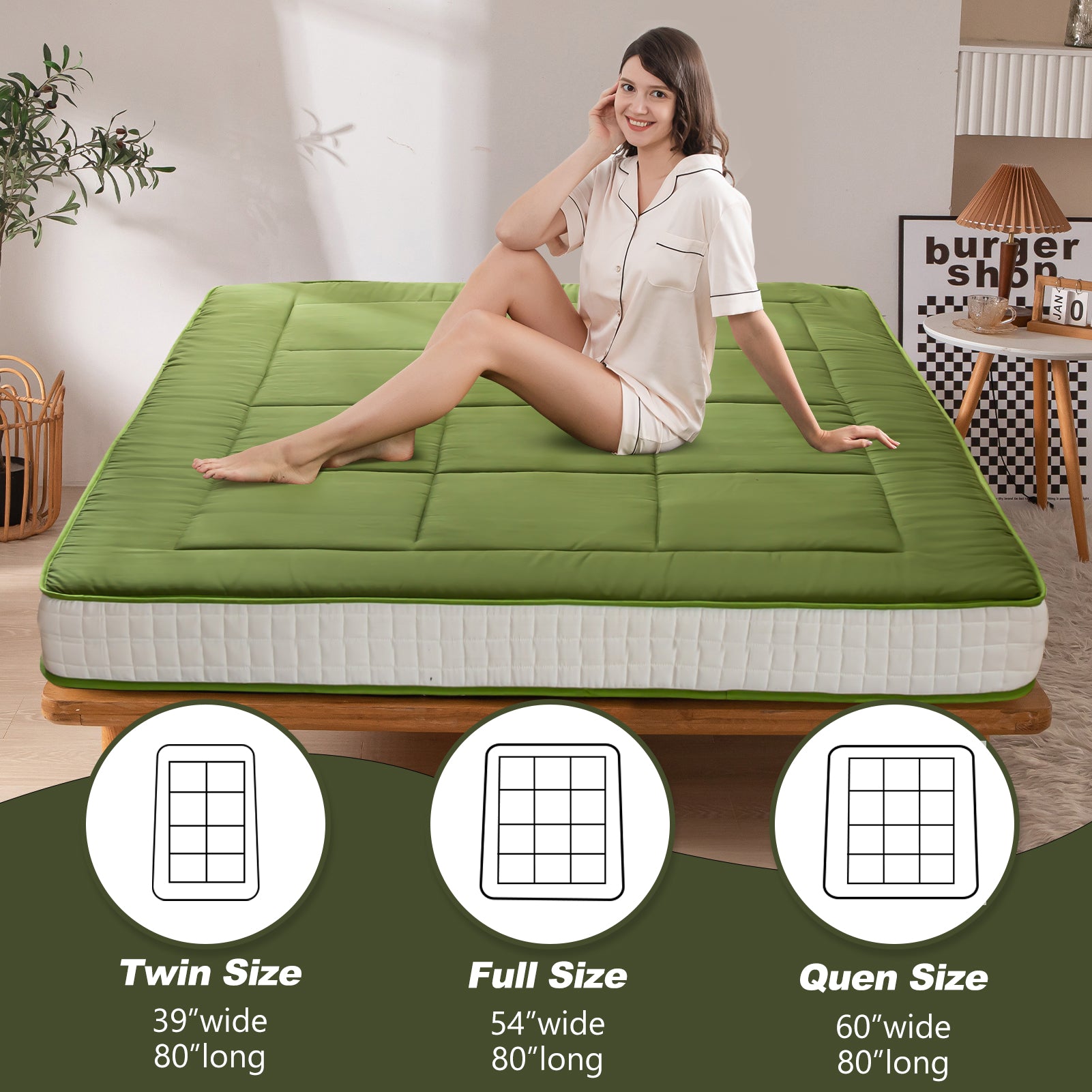 MAXYOYO Padded Japanese Floor Mattress - Green Foldable Roll Up Futon Mattress for Bedroom, Guest Room & Travel | Comfortable Floor Sleeping & Lounging