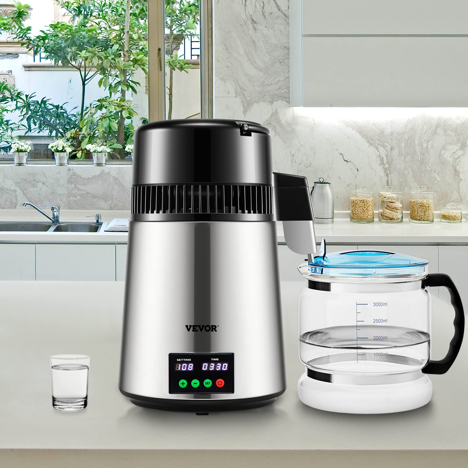 VEVOR 1.1 Gallon Countertop Water Distiller Machine - 750W Stainless Steel with Glass Carafe, 0.3 Gal/Hour Output & Digital Display - Includes Cleaning Powder & 3 Carbon Filters for Home, Office, or Emergency Preparedness
