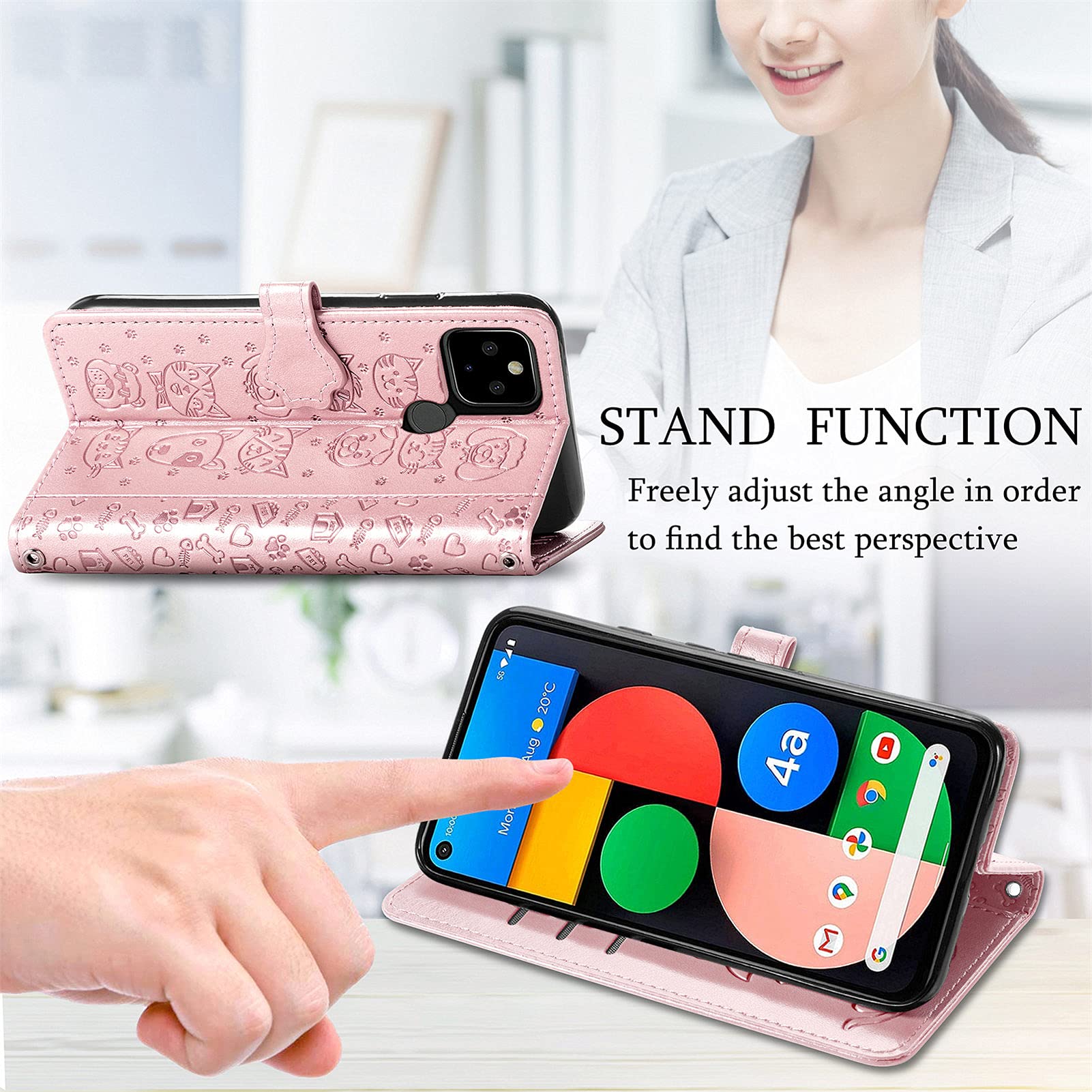 Cute Cartoon Wallet Case for Google Pixel 5A 5G - Cat & Dog Style Flip Cover with ID Card Holder, PU Leather Phone Case (Rose Gold) - Perfect for Daily Use, Travel & Hands-Free Convenience