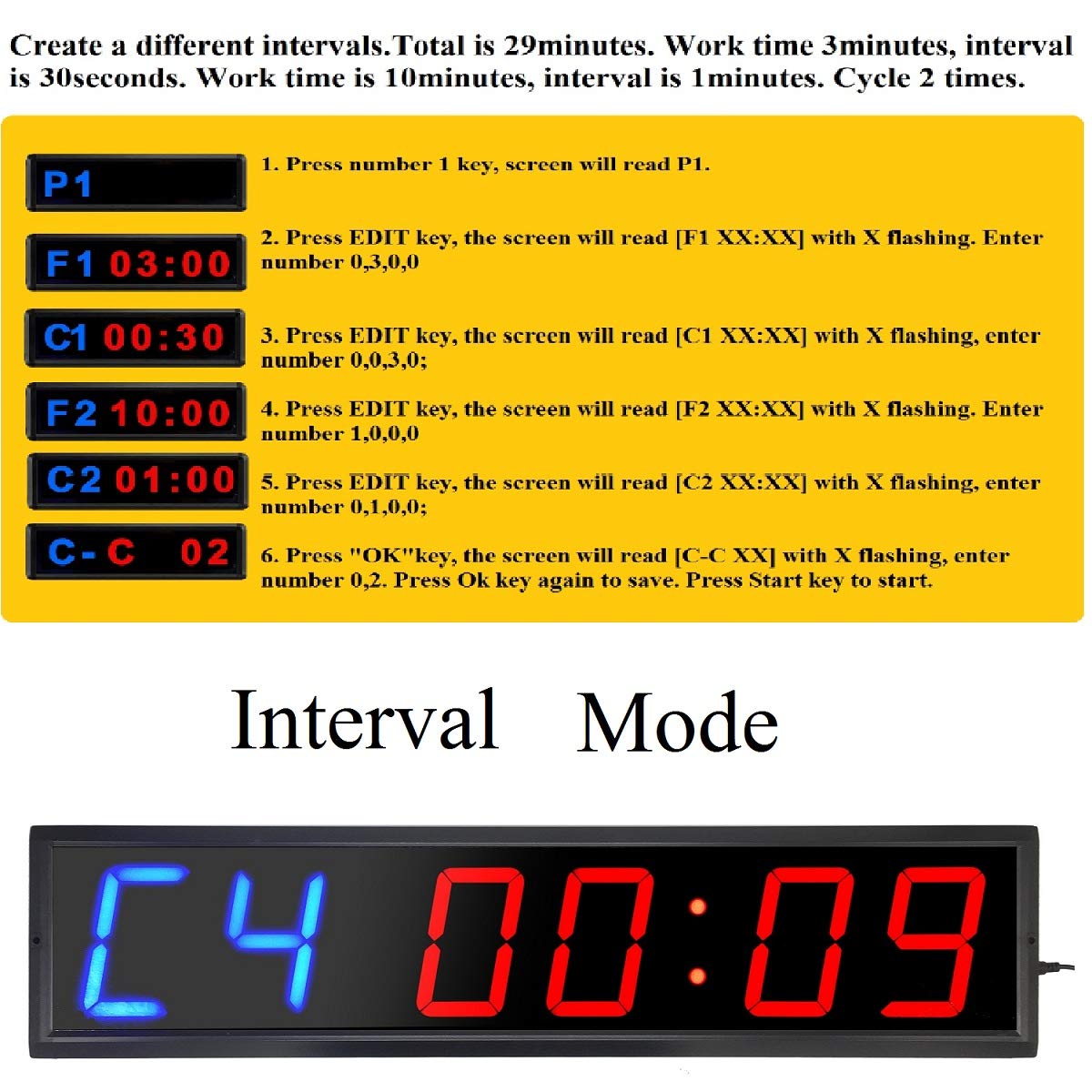 LED Interval Timer Count Down/Up Clock Stopwatch with 2 Blue & 4 Red Displays - Perfect for Gym Workouts, Cooking, and Classroom Activities