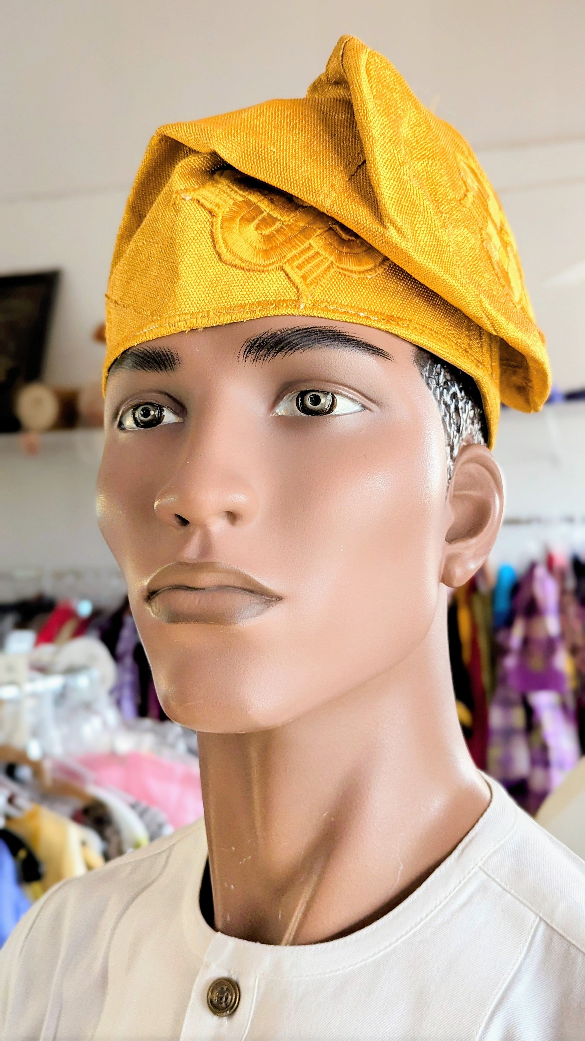 Handwoven African Aso Oke Kufi Cap - Majestic Gold Embroidered Fila by Dupsie | Traditional Nigerian Headwear for Weddings, Festivals & Cultural Events | DPHASFH4
