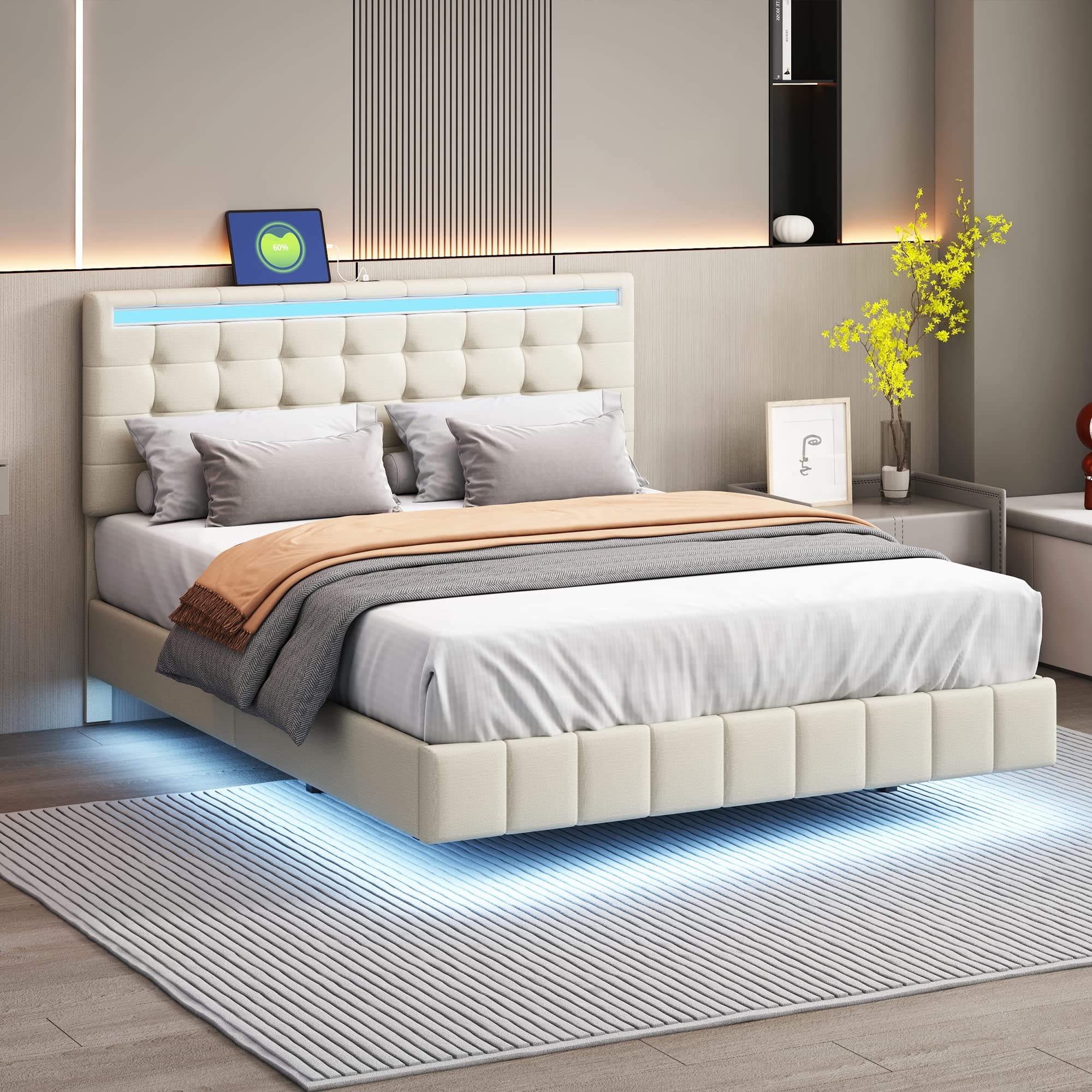 Merax Queen Size Floating LED Platform Bed Frame with Wood Slats & USB Charging - Upholstered Wood Bed with LED Lights, No Box Spring Needed, Easy Assembly in Beige - Perfect for Modern Bedrooms & Smart Home Decor