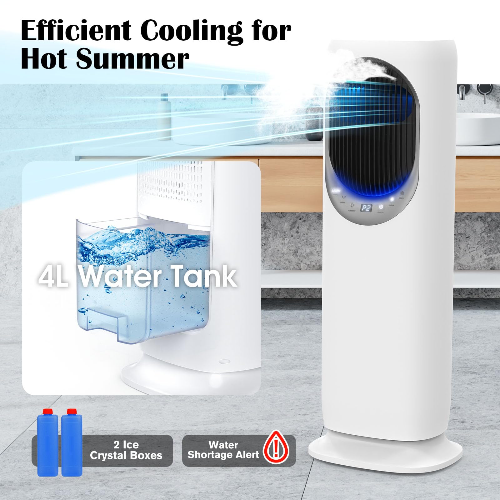 4-in-1 Evaporative Air Cooler & Heater Combo - 4L Water Tank, 120° Oscillating Tower Fan with Humidifier - Remote Control & 12H Timer - Includes 2 Ice Packs (Panel-Crescent Design) - Perfect for Bedroom, Living Room & Office Cooling