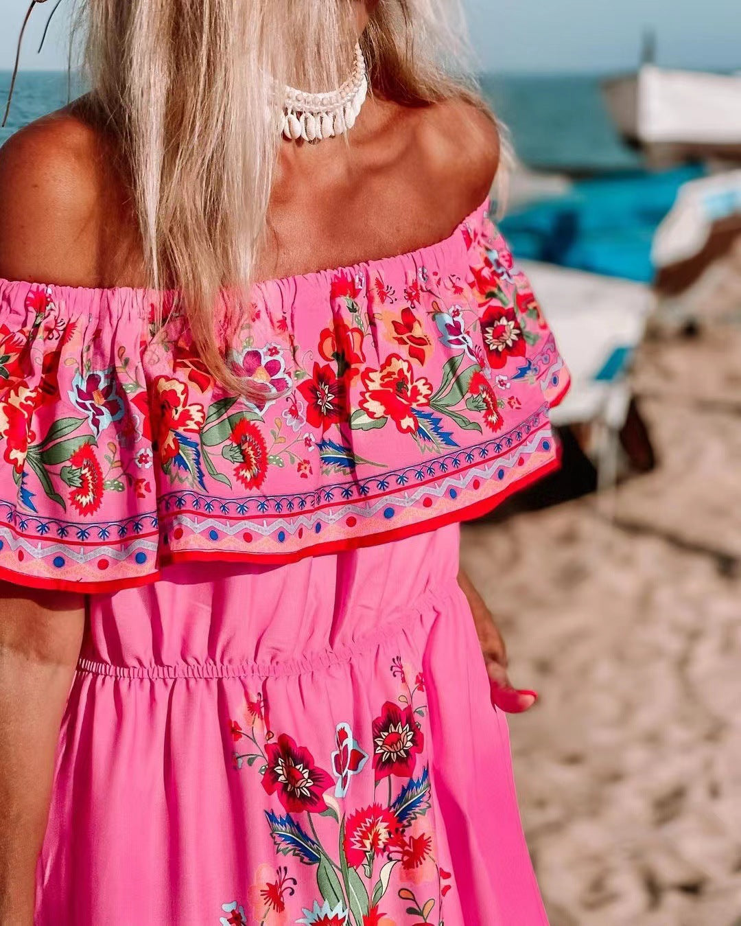 2025 Trendy Floral Print Long Swing Dress - One Shoulder Red Flower Design for Spring & Summer | Perfect for Beach Vacations, Parties & Casual Outings